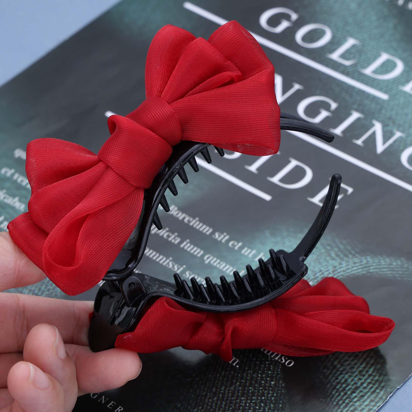 Aneneiceera Vintage Mesh Bow Hair Claw Clip Fabric Ponytail Jaw Clip Red Bowtie Claw Barrette Mesh Banana Clip Barrette Bowknot Buckle Clip Hair Accessories for Women (Red) - Image 3