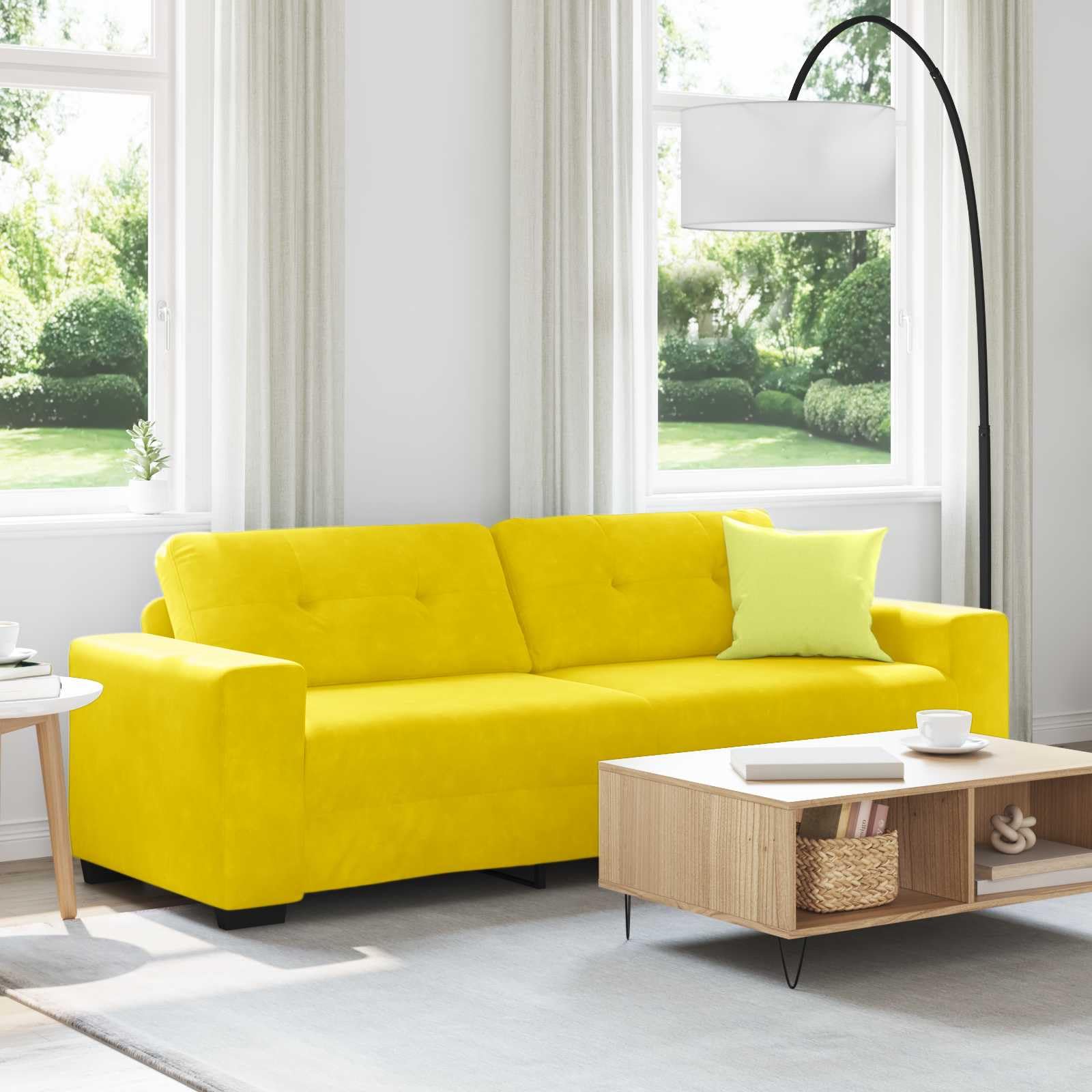 Canapé 3 places jaune 220 cm en velours avec fonction couchage et espace de rangement - Meuble de salon moderne pour s'asseoir et se détendre confortablement