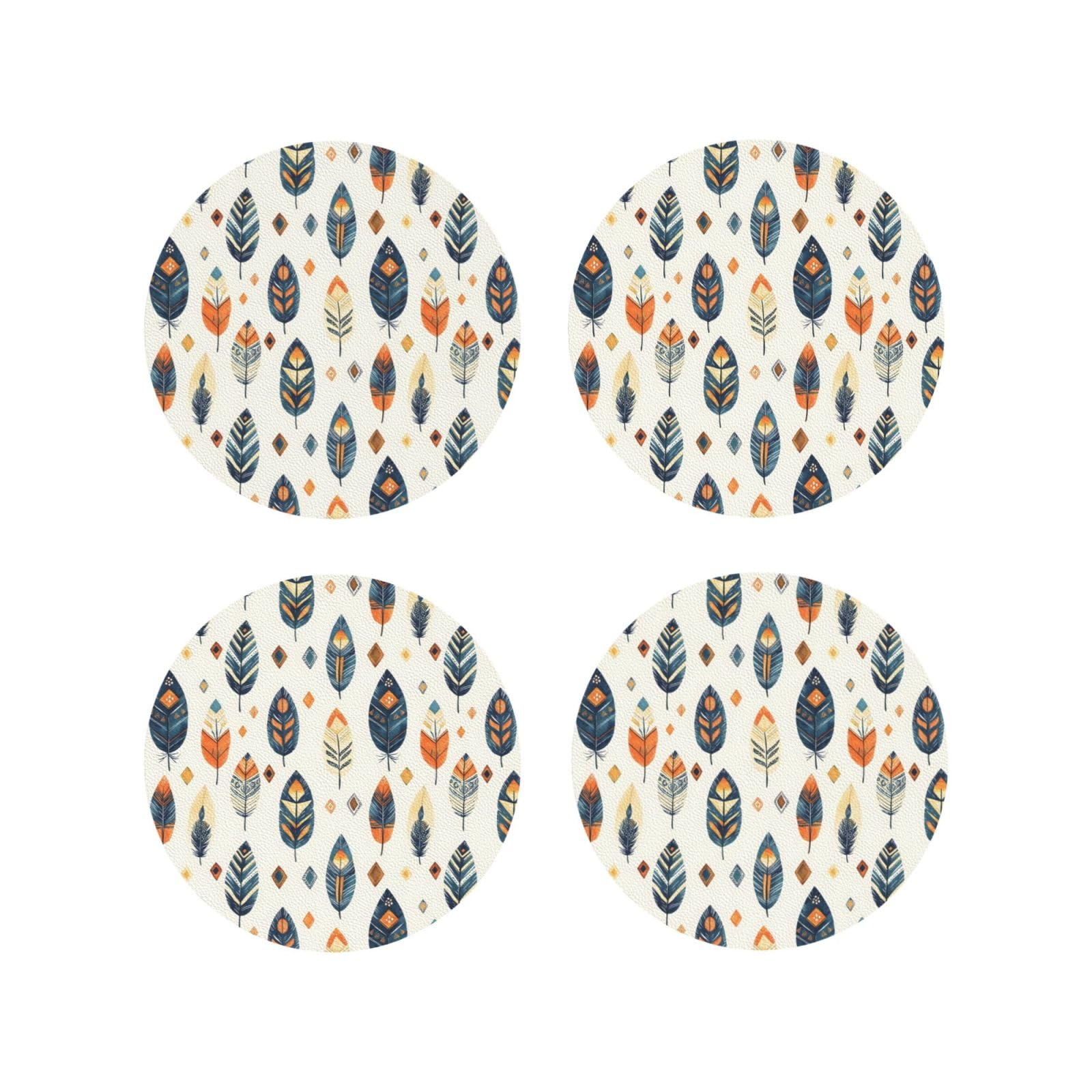 Smazdfxx Women's As Pic Leather Coasters Set Of 4 - Feather Leaves Colorful Print Lightweight Drink Coasters For Desk
