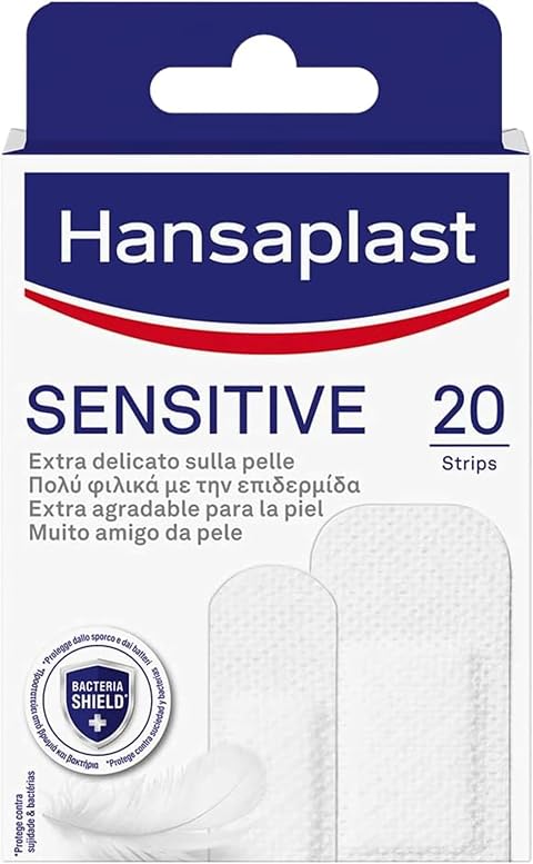 Hansaplast SENSITIVE Cerotti extra delicati specifici per pelli sensibili, Cerotti Hansaplast ipoallergenici per piccole ferite e graffi, 1 confezione da 20 pezzi in formati assortiti