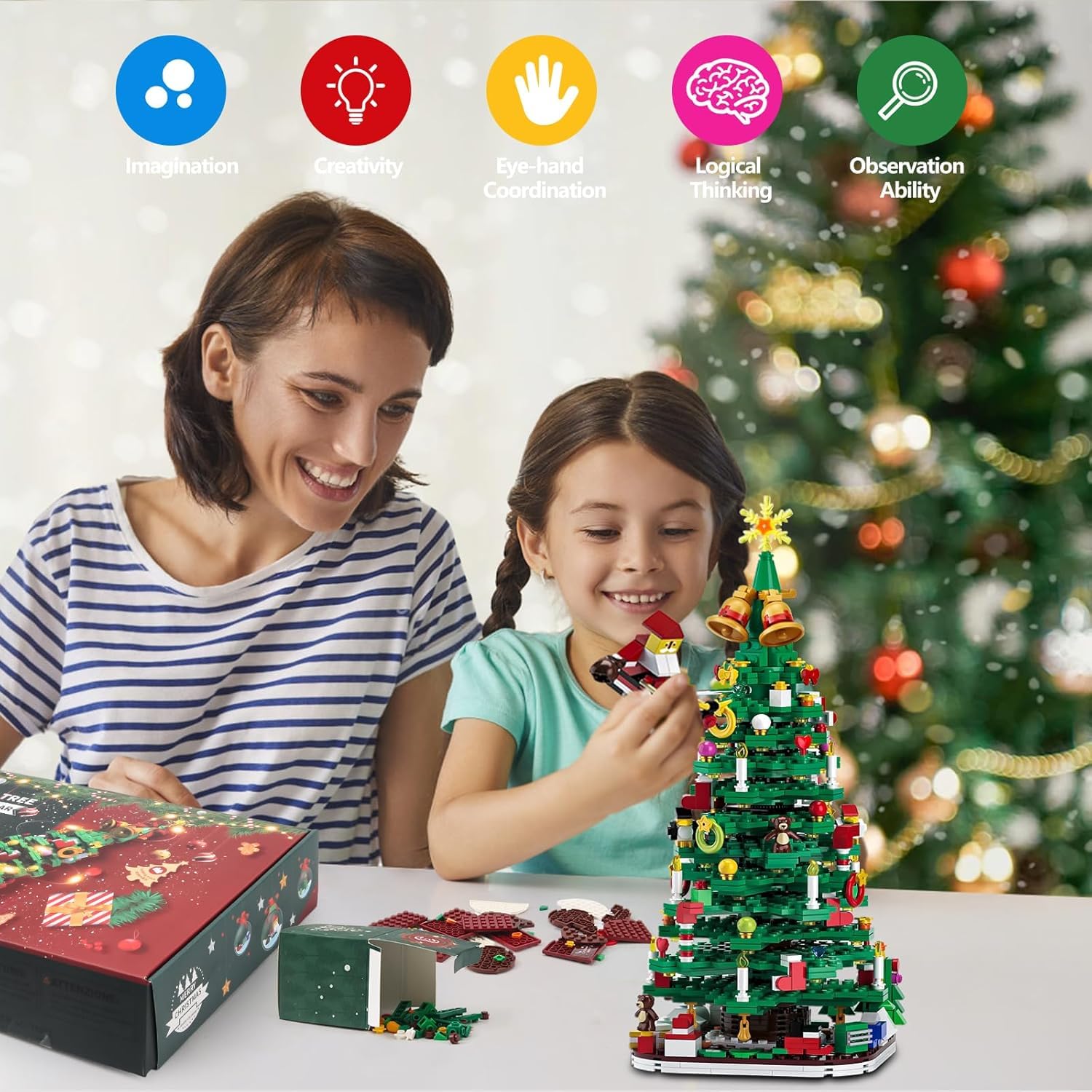Adventskalender 2025 Kinder, Weihnachtsbaum Bauspielzeug mit LED Lichterkette, Weihnachtskalender 1100pcs+, Weihnachts Countdown Spielzeug, eine Box am Tag, Wohnzimmer Dekoration, Geschenk für Kinder
