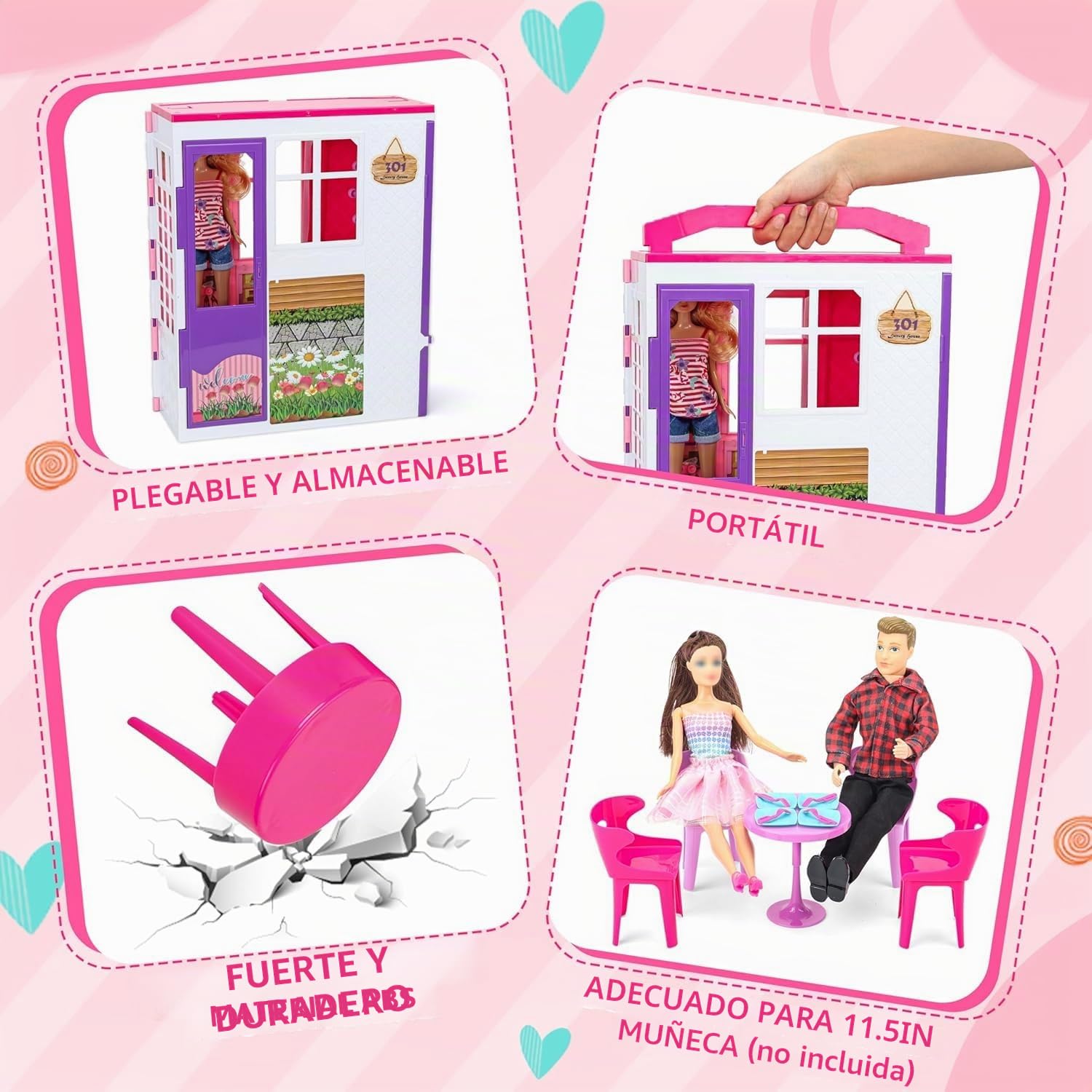 Dollhouse Gift Set - Casa de Muñecas Plegable 6-en-1, Más de 60 Accesorios con Muebles, 2 muñecas pequeñas, Mascotas & Camping – Playset portátil – Compatible con muñecas de 29cm (no Incluidas)