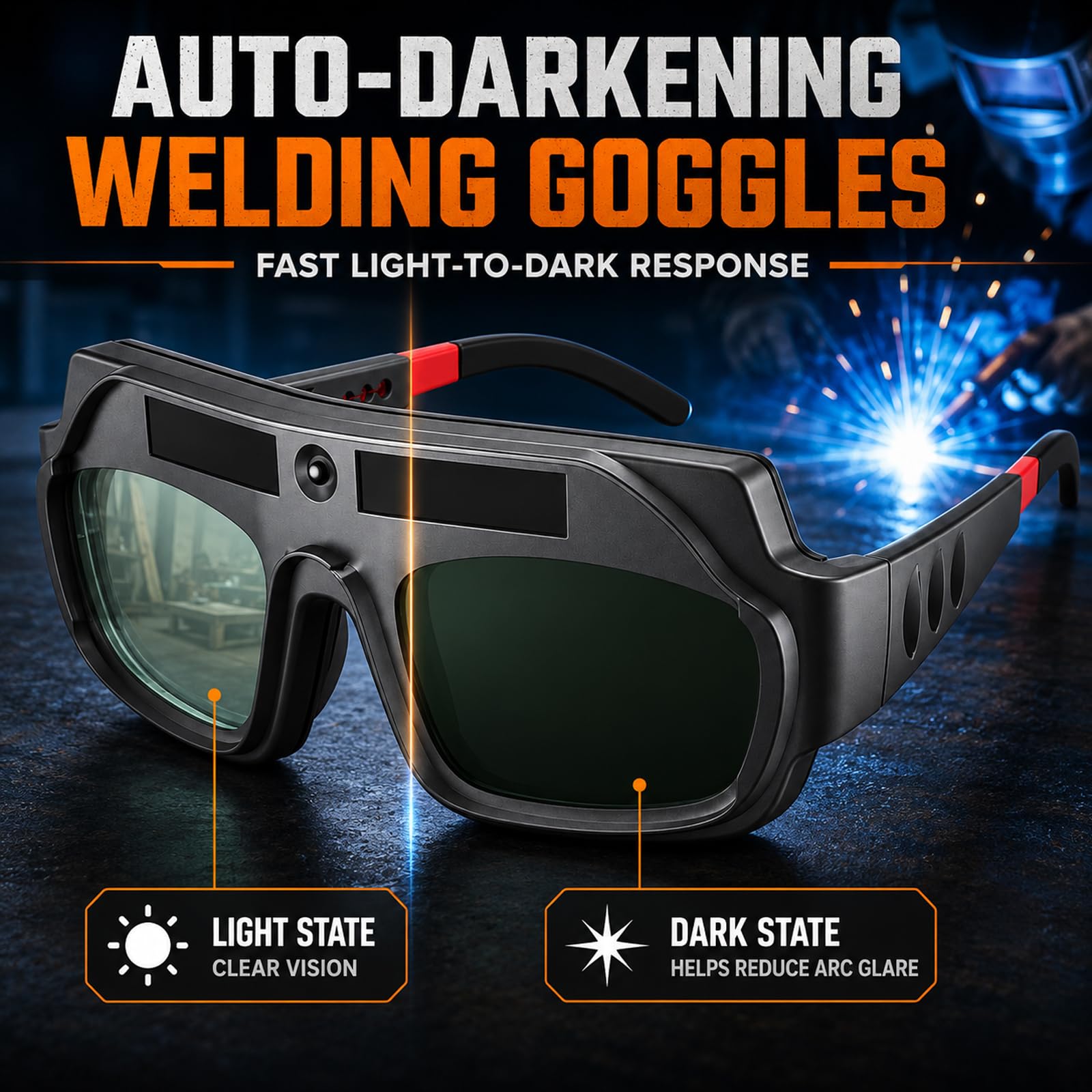 Selbstverdunkelnde Schweißbrille, Solar-Schweißerbrille, Verstellbare Komfort-Schweißschutzbrille für Argon-Lichtbogenschweißen, Schweißerbrille zum Schweißschutz, Blendfrei