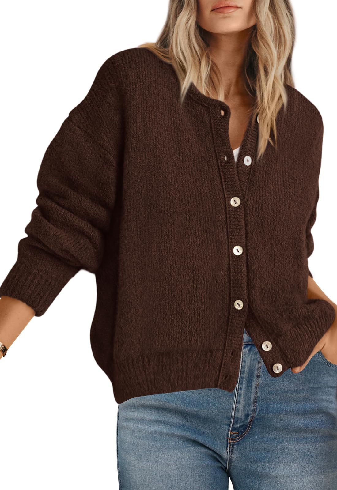 Women Cardigans Sweater Fall Long Sleeve Open Front Winter Button Down Crewneck Chunky Loose Knit Jacket