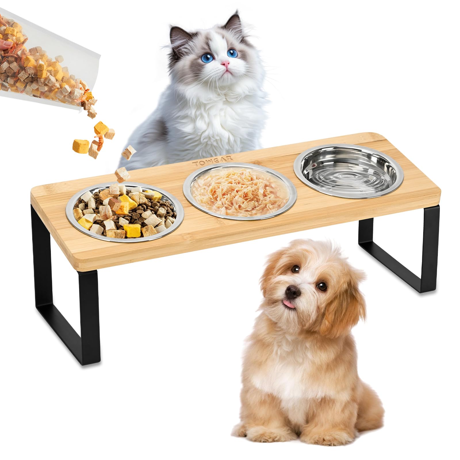 Lot de 3 gamelles surélevées en acier inoxydable avec support, inclinées à 15° – Station d'alimentation surélevée pour chats et petits chiens, anti-vomissements, base en bambou, facile à nettoyer