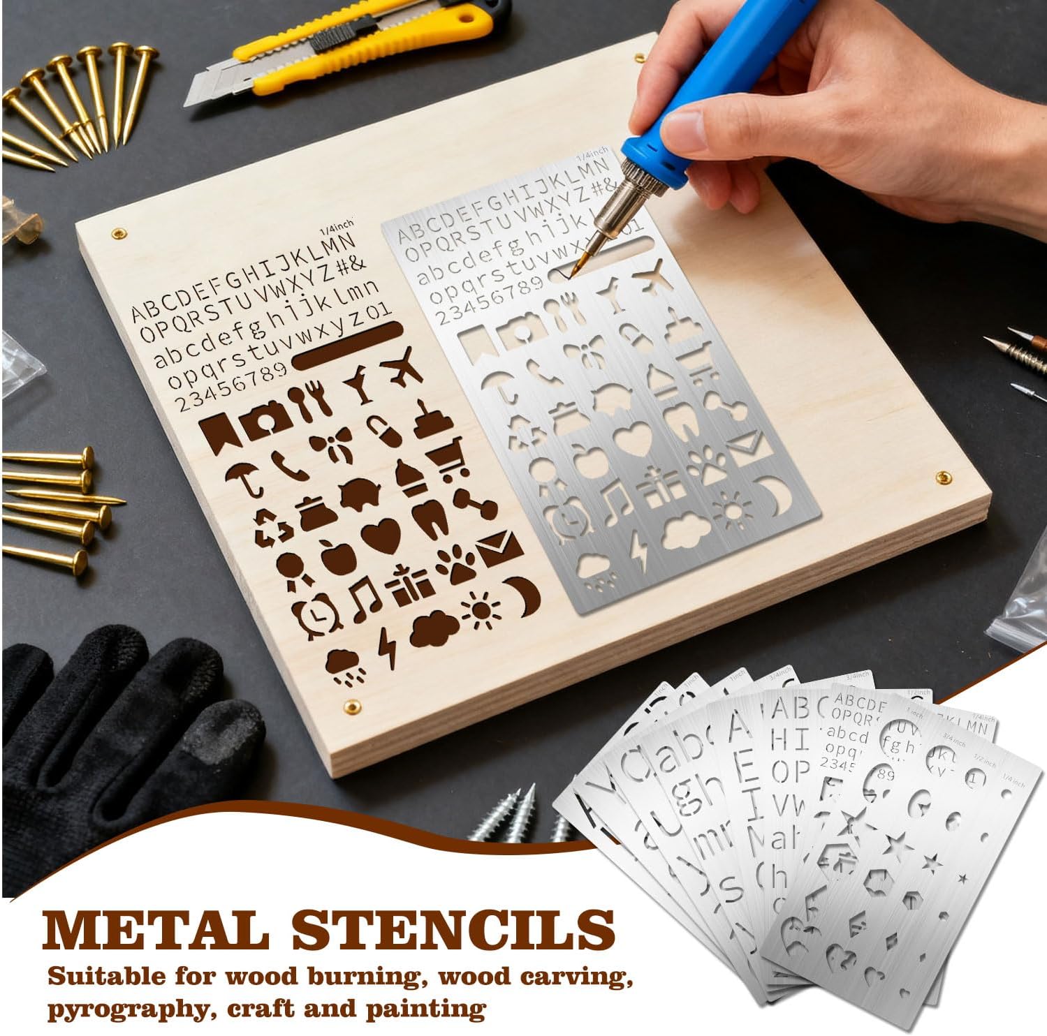 Eageus 8 Pcs Small Letter Metal Stencils for Painting, 1/4 1/2 3/4 1 Inch Alphabet Template Wood Burning Lettering Stencil for Carving Engraving Journal Pyrography Craft(Tiny Letter)