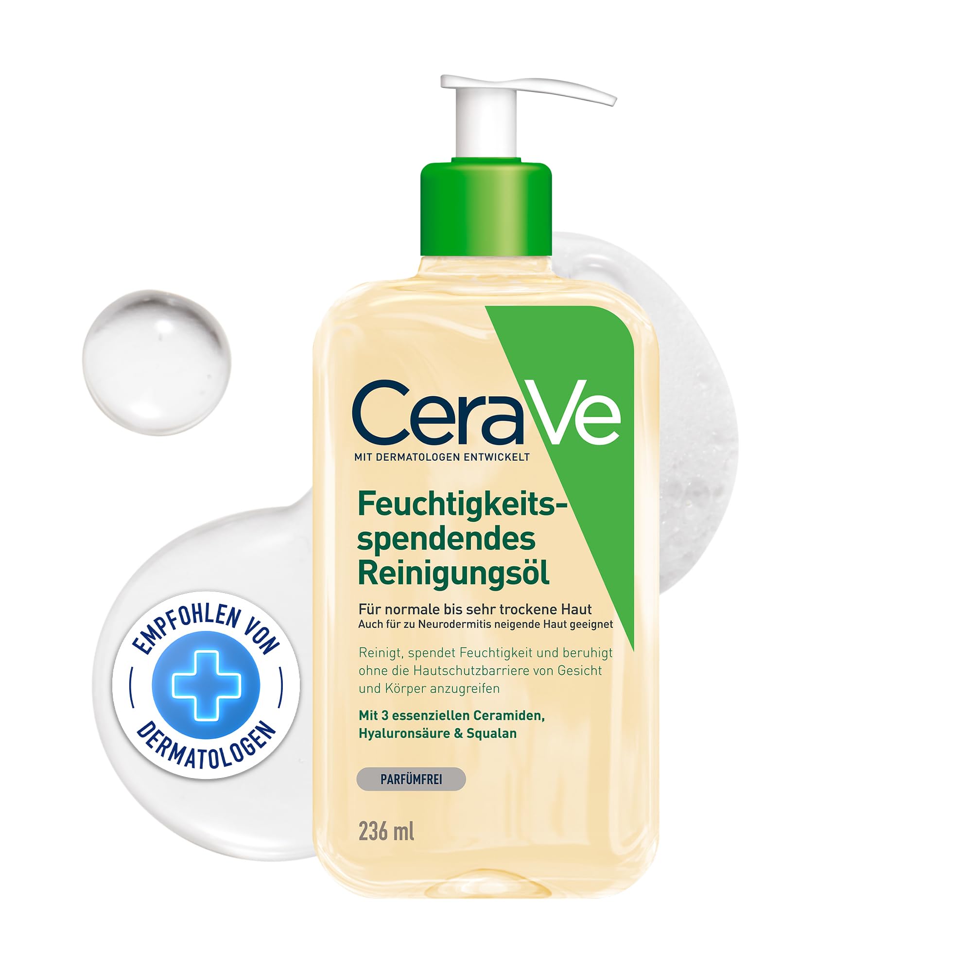 CeraVe Reinigungsöl, Sanft reinigendes Öl mit Squalan, Triglyceride sowie Ceramide bei normaler bis sehr trockener Haut, Auch für Babyhaut und bei Neurodermitis, 236 ml