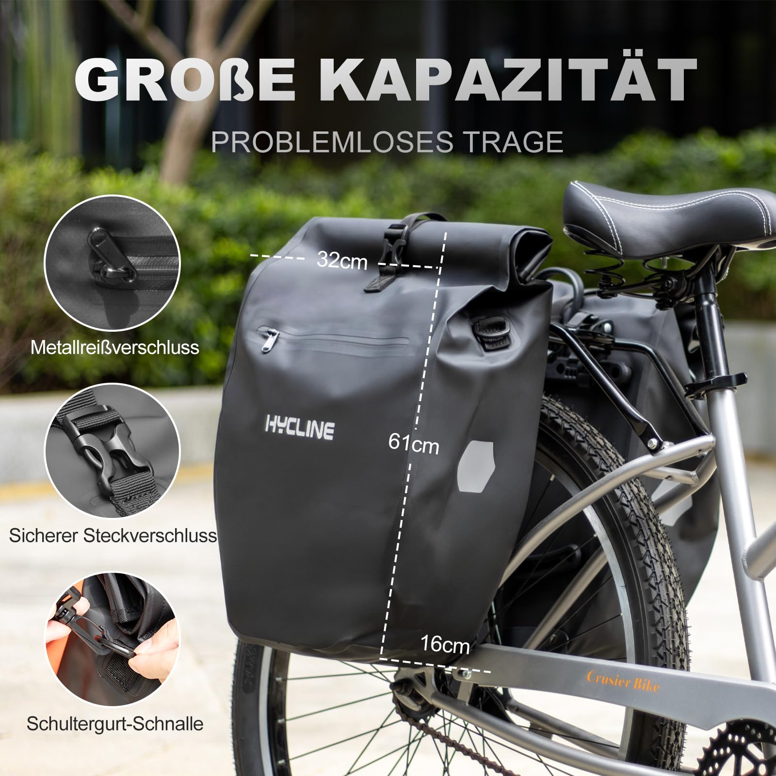 Hycline Fahrradtasche wasserdichte Gepäckträgertasche 2×28L - 3in1 Fahrrad Taschen Hinten Gepäckträger, mit Tragegriff, Schultergurt und Reflektoren, einfache Befestigung für Pendler, Reisen | Schnellverschluss-Systemgriff, Crossbody-Schultergurt, reflekt