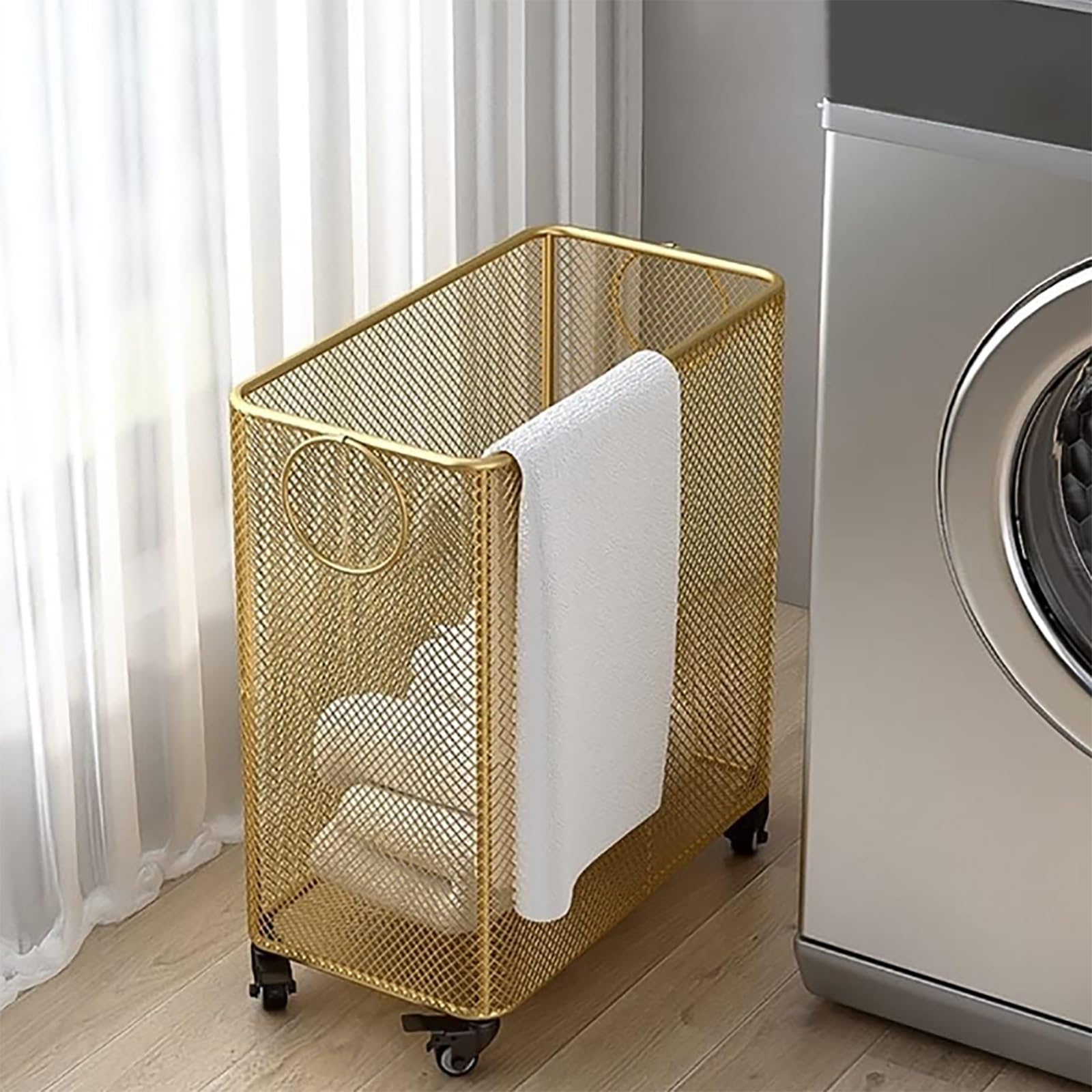 Hltdzer Gold Metal Basket With Wheels - Rolling Laundry Hamper Cart - Yoga Mat Storage Rack - Wire Basket With Wheels