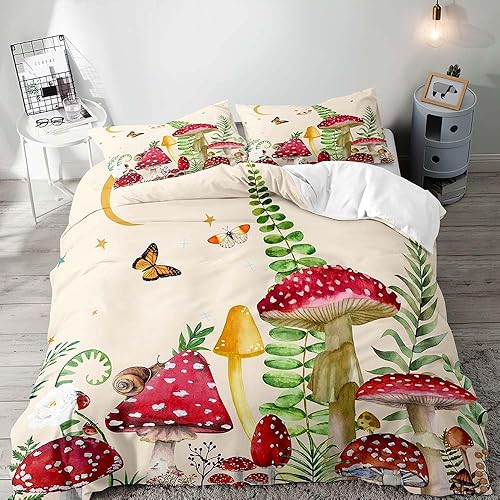 Miniatura 2 de LUVIVIHOME Juego de 3 piezas de ropa de cama de hongos rojos, funda de edredón beige matrimonial, ropa de cama para niños y niñas, ropa de cama