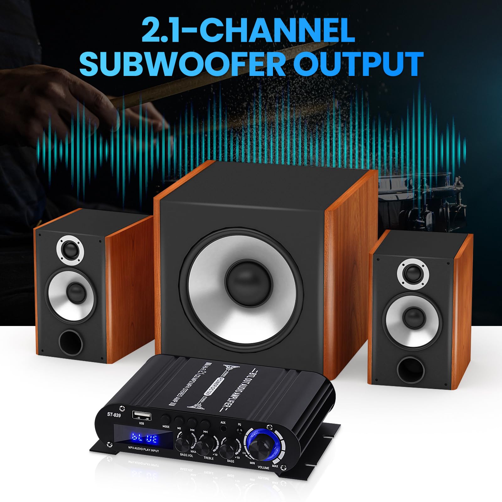 ST-839 amplificador Bluetooth 2.1 canales estéreo amplificadores receptores RMS 25x2 + 40W Max.100W Audio Amplificadores de potencia para el hogar Mini Sub amplificadores con agudos y graves, BT/USB