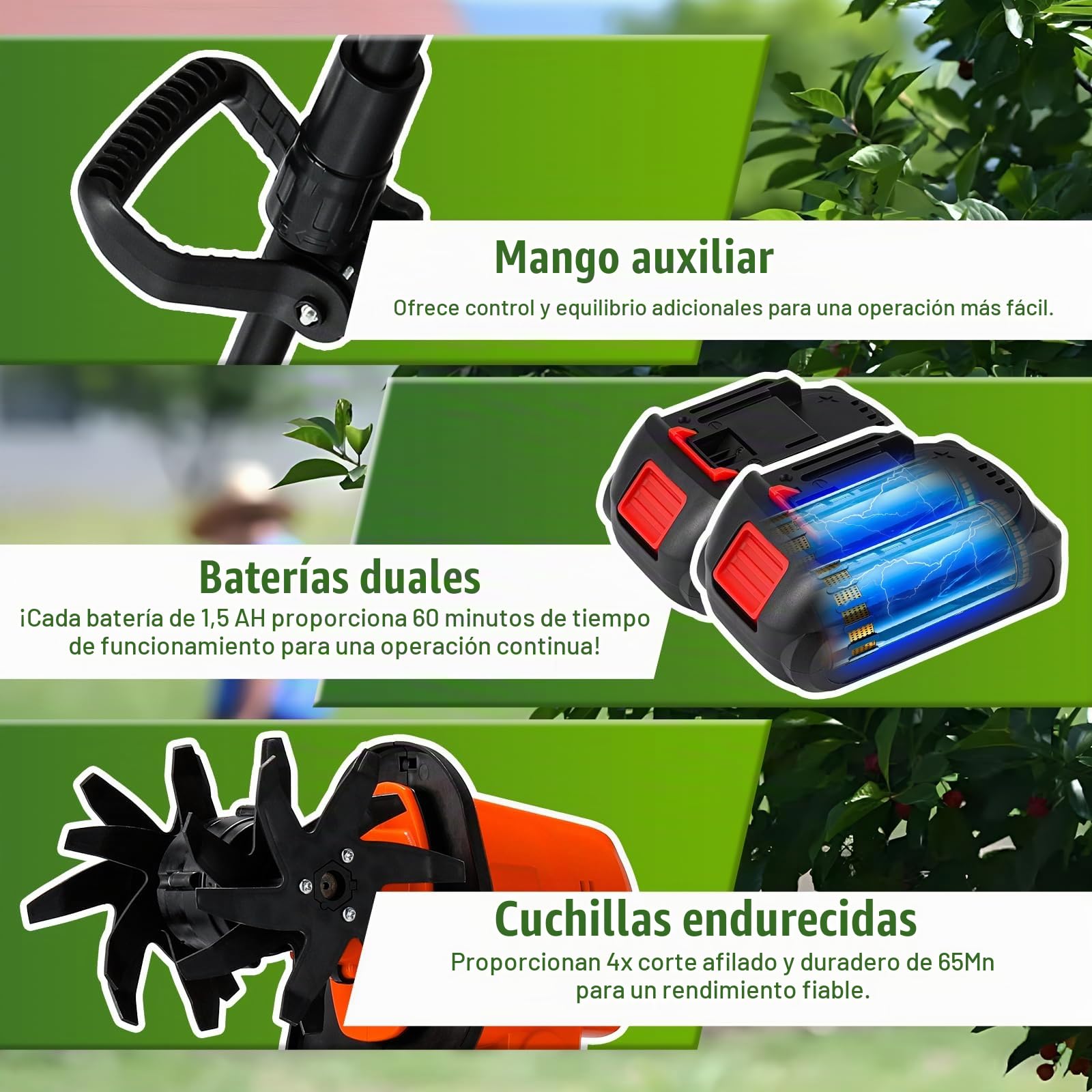 Moongiantgo Cultivador Inalámbrico 2 en 1 Doble Batería 21V, 2×1500 mAh | Diseño Portátil/Mango Extensible con 4 Hojas de Acero, para Desmenuzar el Suelo, Deshierbar, 10cm Profundidad/Anchura