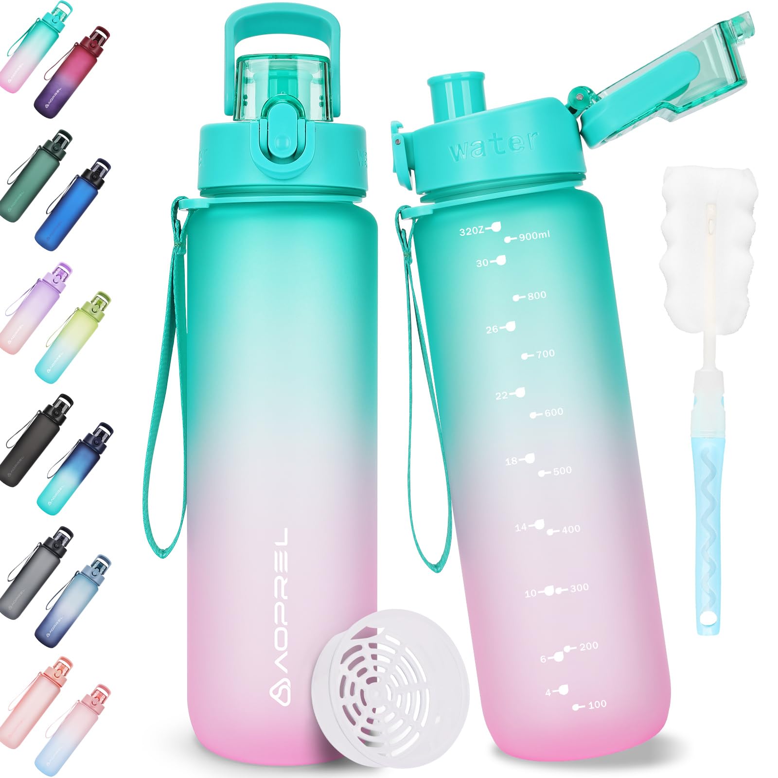AOPREL Trinkflasche 600ML/1L/1.5L Tritan BPA-Frei Wasserflasche Mit Filter | Auslaufsicher Trinkflasche Sport mit Bürste Auslaufsicher Sportflasche für Fitness, Wandern, Camping, Schule und Büro