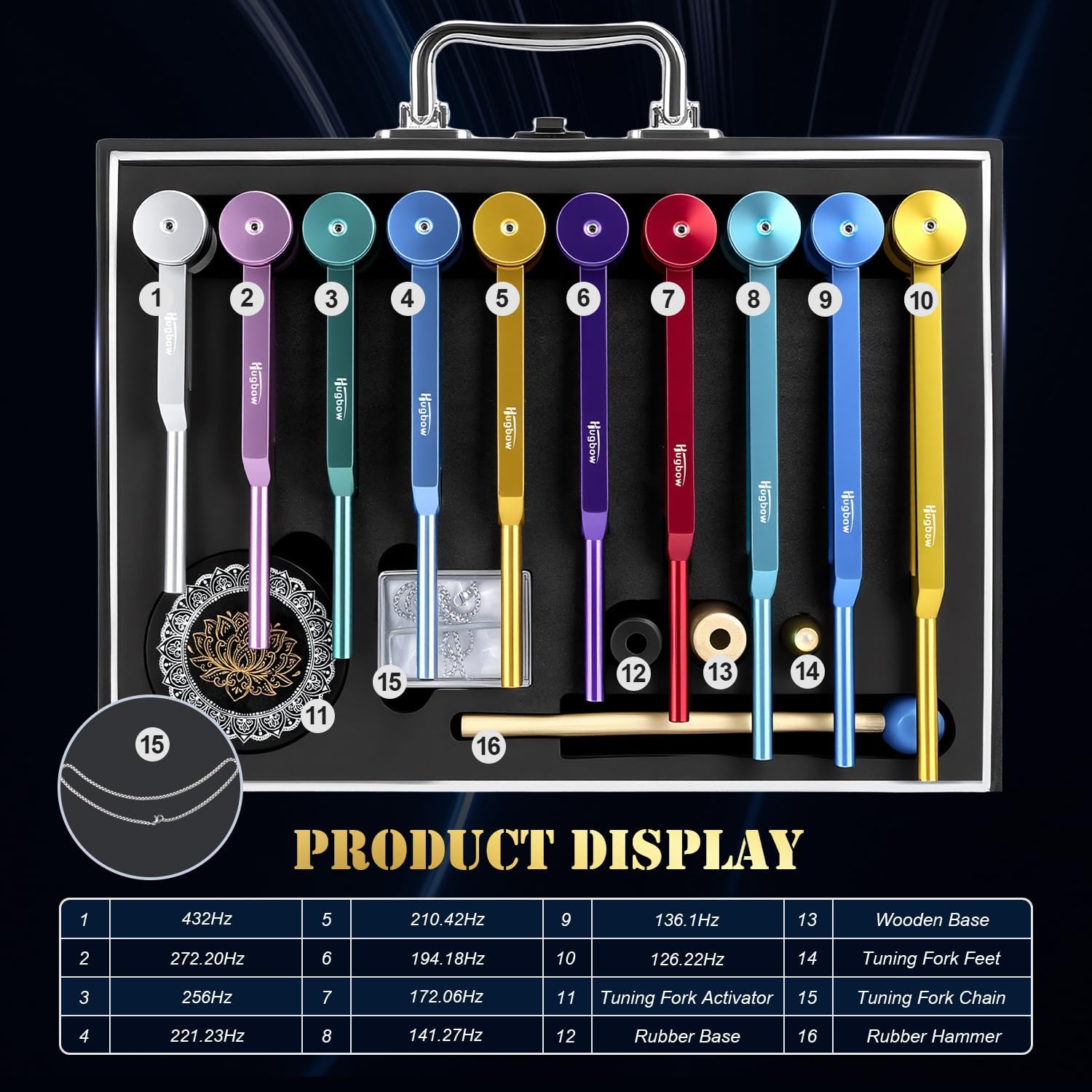 10 PCS Chakra Tuning Fork for Healing, Multi-Color Weighted Tuning Forks, Aluminum Alloy Tuning Forks with Activator & Feet (126.22-432Hz) for DNA Healing, Sound Therapy