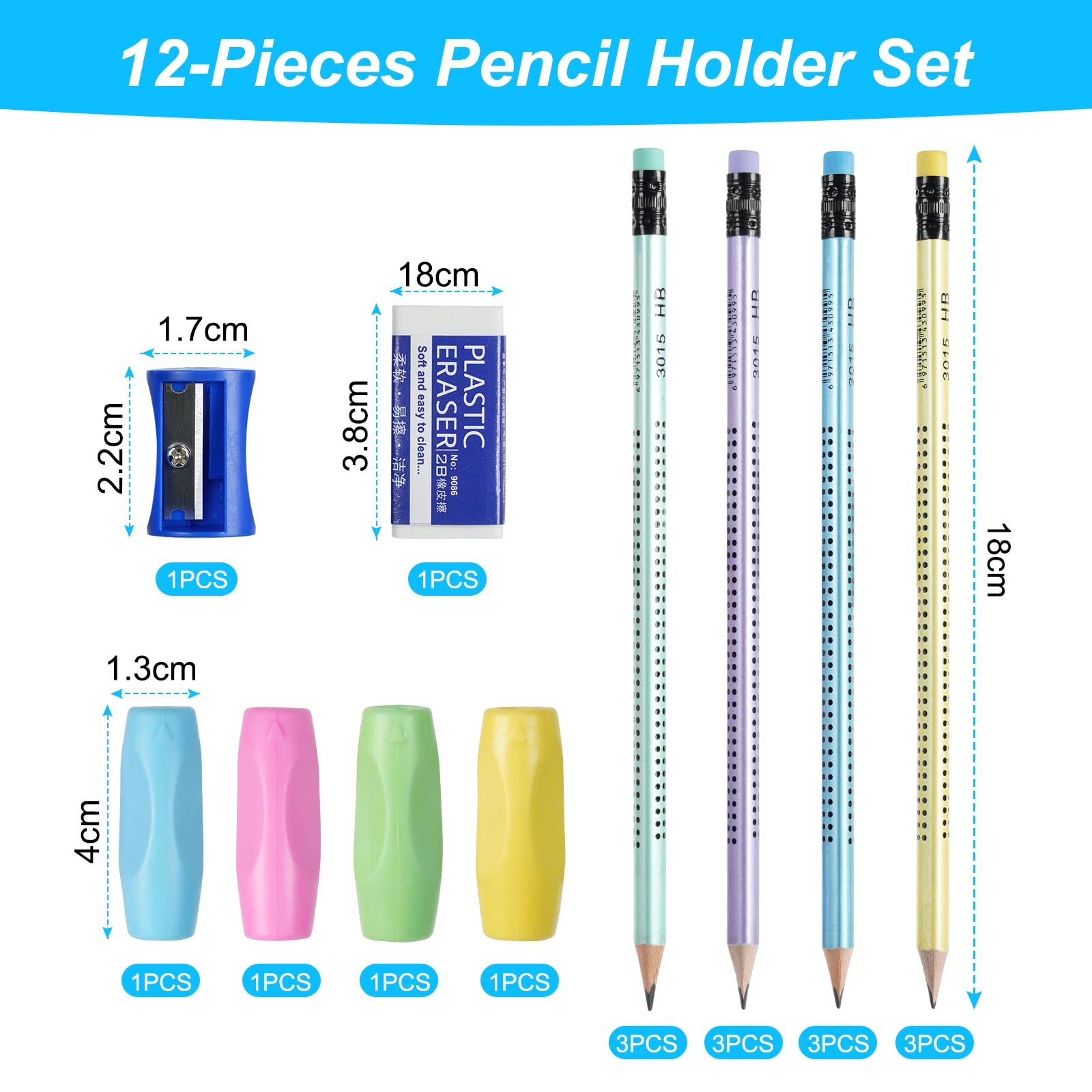 OFFCUP HB Pencils, 12pcs With Rubbers, Presharpened Writing Pencils With Rubbers on The End, 4 Pen Holders - Image 2
