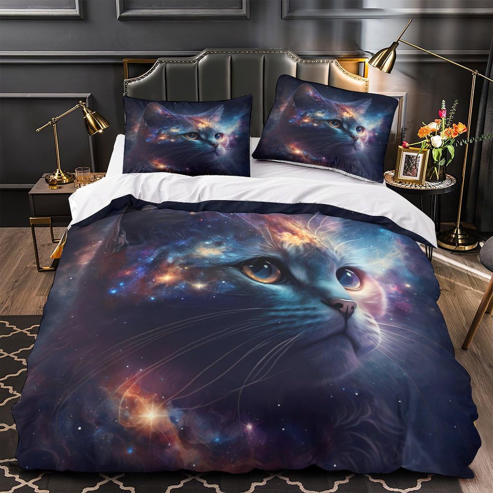 Housse de couette chat cosmique 140x200 parure de lit 3D enfant