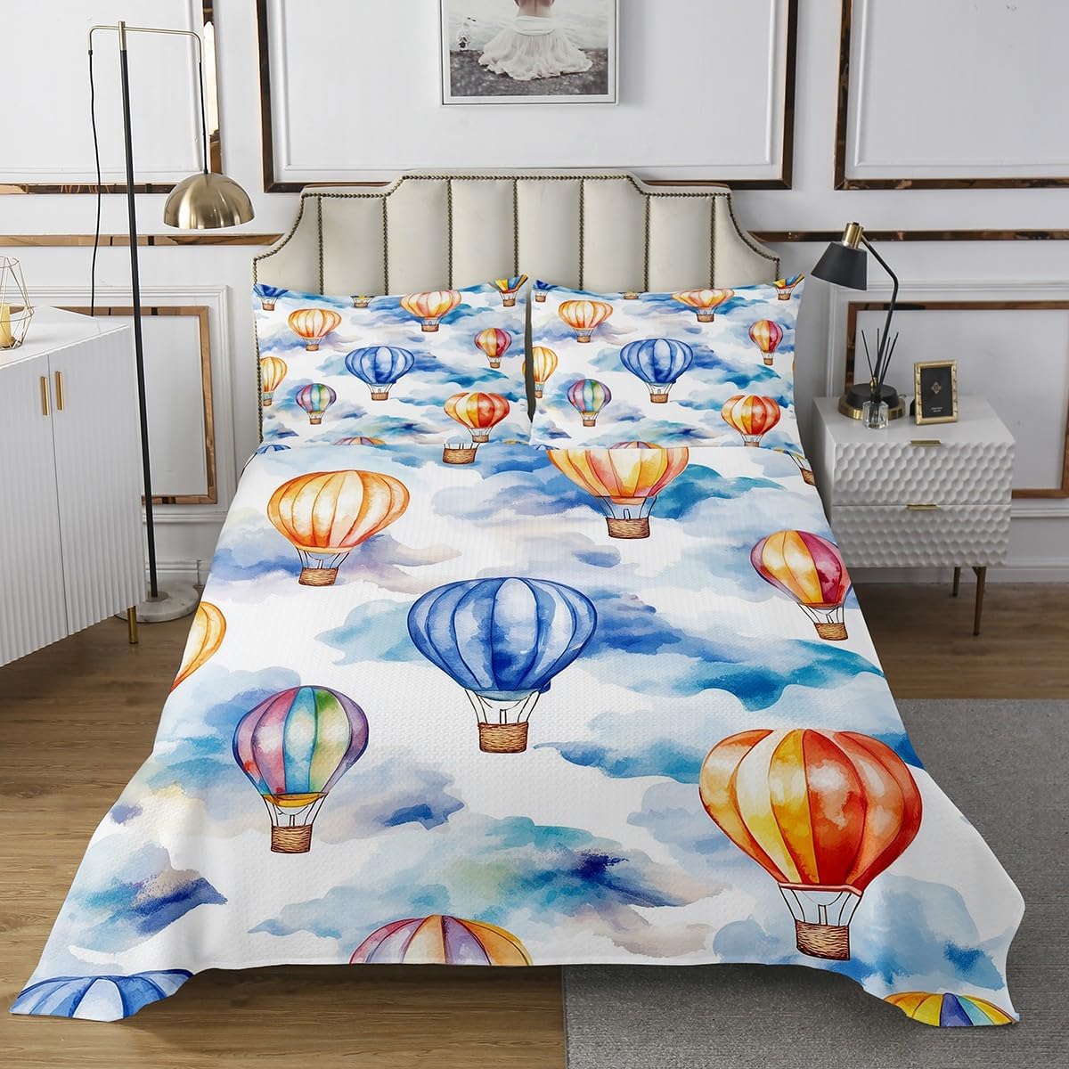 Erosebridal Hot Air Balloon Coverlet Set Queen Size Watercolor Bedding Set for Kids Boys Girls Cloud Colorful Balloon Quilted Coverlet Cute Hand Drawn Simple Quilted