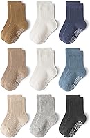 Bearbay Non-Slip Toddler Crew Socks with Full-Foot Grips - 80% Cotton Anti-Skid Socks for Babies Boys Girls 6-12M to 5Y, 9 Pairs