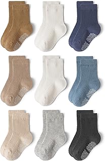 9 pares de calcetines antideslizantes de algodón de tripa para bebés y niños pequeños con puntos antideslizantes para niños y niñas