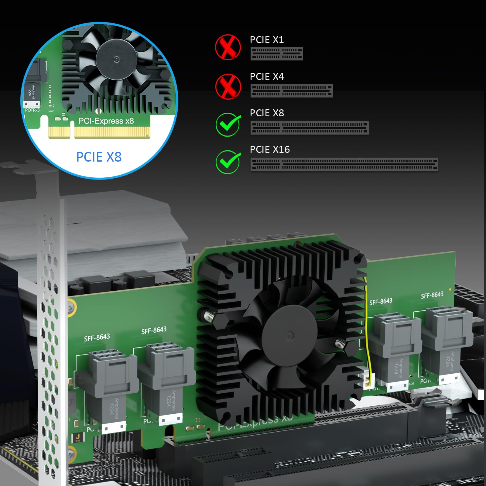 GLOTRENDS SF44 Carte Adaptateur 4 Ports SFF-8643 (Mini-SAS HD) vers PCIE 3.0 X8 avec Fonction de Bifurcation PCIe, Support Standard et à Profil Bas