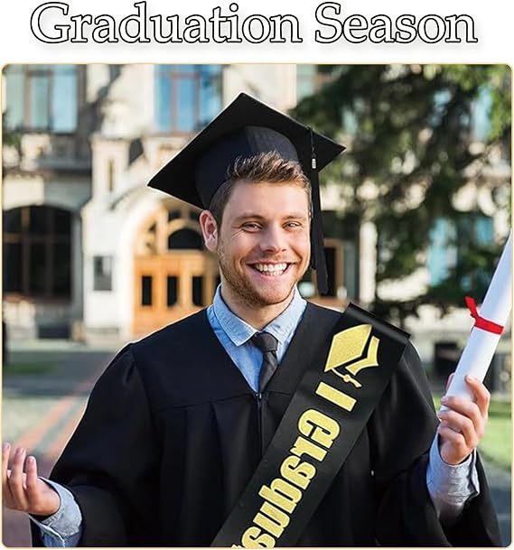 Graduation Cap and Sash Set, Formal Graduation Gown Accessories for Ceremonies, Graduation Hat And Adjustable Strap (24x24 cm), 2-Pcs Commencement Outfit for Photos and Parties (160 cm Sash)