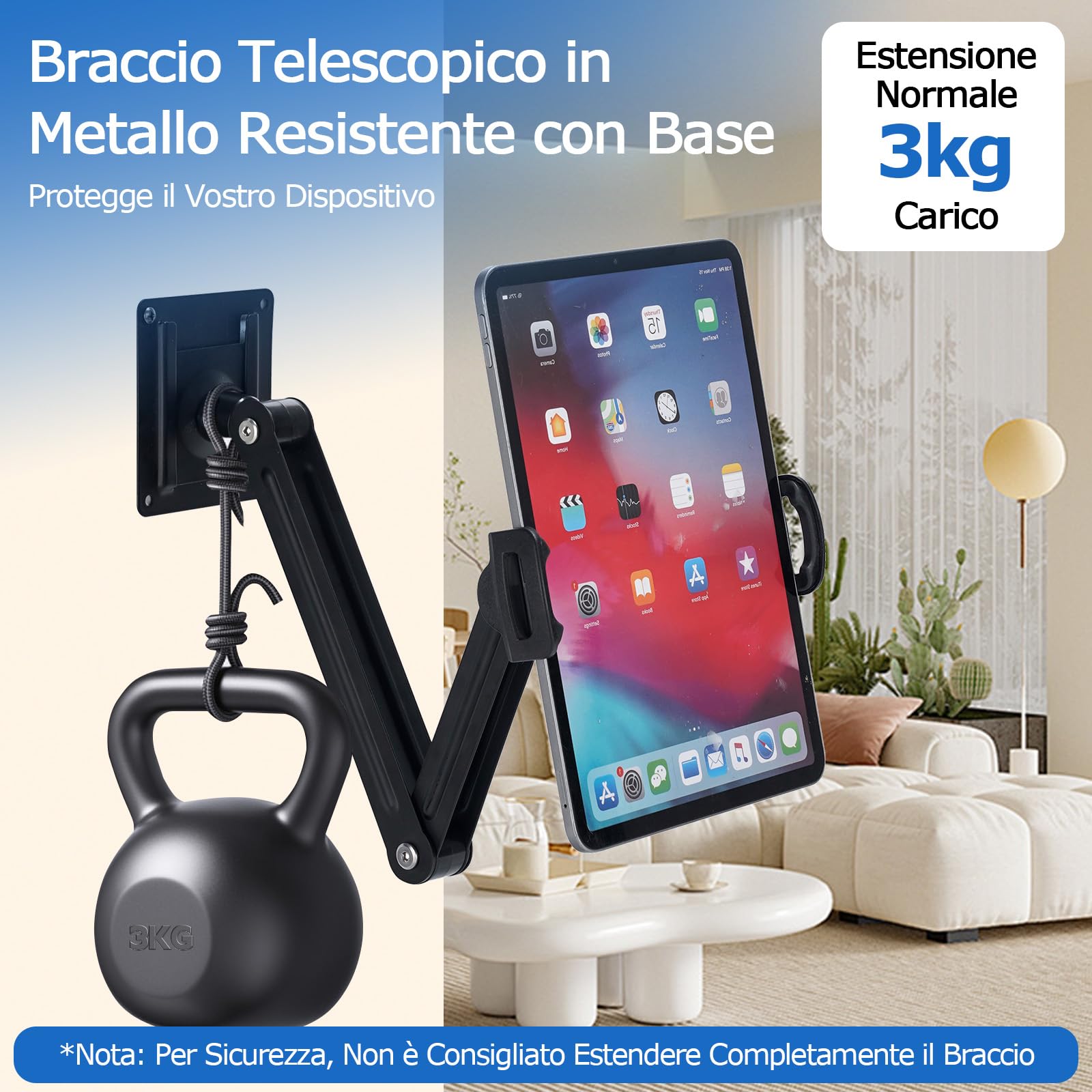 Porta Tablet da Letto in Alluminio, Supporto 360° Girevole per iPad 4.7-13 Pollici, a Muro