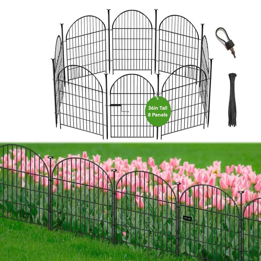 Okaygardn Metal Garden Fence Animal Barrier, 1 Gate+7 Panels No Dig Dog Fence, 36in(H) X27in(L), Black
