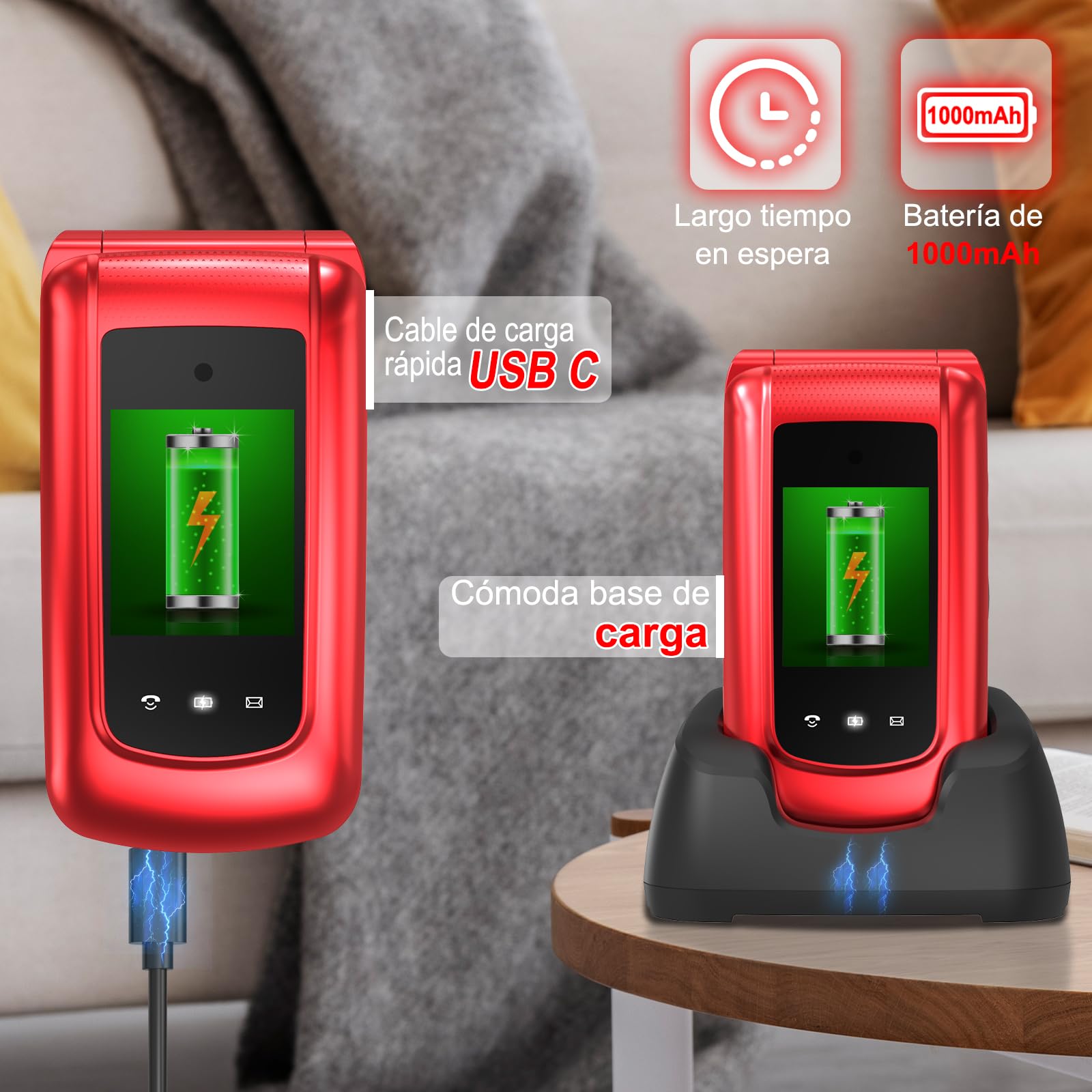 CHAKEYAKE 4G Telefono Movil para Mayores Libre con Teclas Grandes, Doble SIM Doble Pantalla LCD, Teléfono Móvil Personas Mayores con Botón SOS, Cable USB C | Batería 1000mah | Base Cargadora | Rojo
