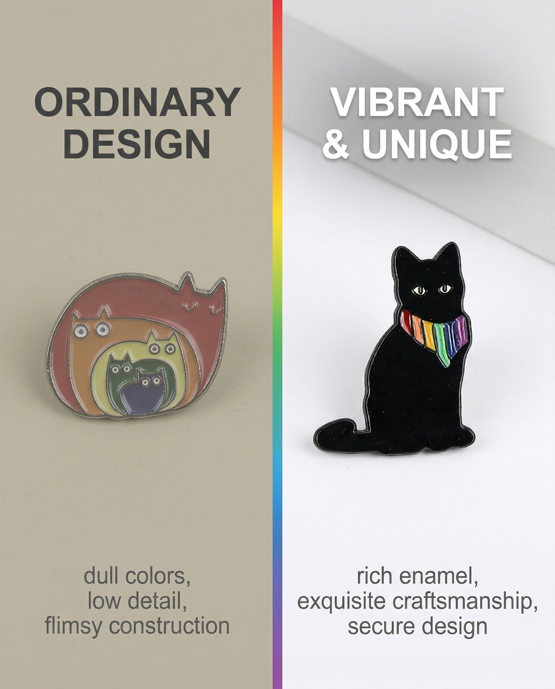 Set di 6 Spille Smaltate Gatto Arcobaleno Cartone Animato, divertenti e colorate. Ideali per Zaini, Vestiti, Borse. Idee Regalo Uniche.