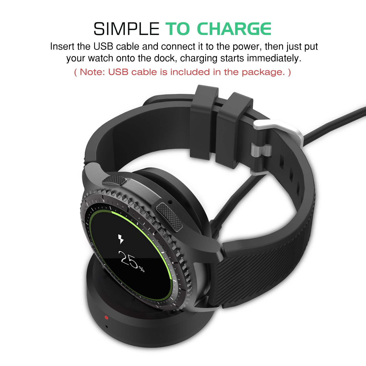 MoKo Caricabatterie Orologio Compatibile con Samsung Gear S3 Classic SM-R770 / S3 Frontier SM-R760 Smartwatch, Caricatore Qi Wireless Senza Fili Pad di Ricarica con Micro USB Cavo, Nero