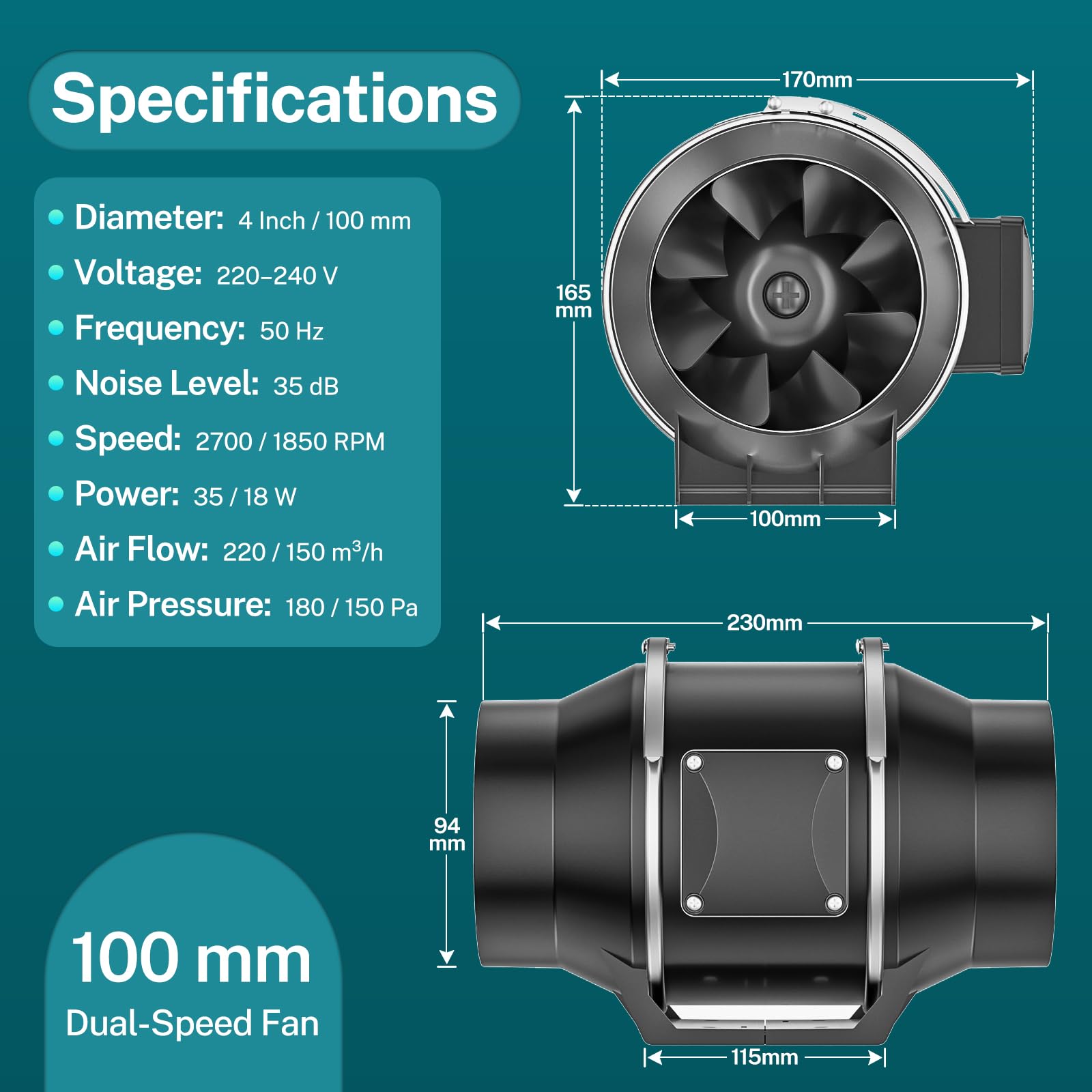 HG Power Wentylator rurowy 100 mm, 2-stopniowe sterowanie, 100 mm, wentylator wyciągowy 220 m³/h z wtyczką UE do namiotów uprawnych, szklarni, garażu, kuchni, hodowli grzybów