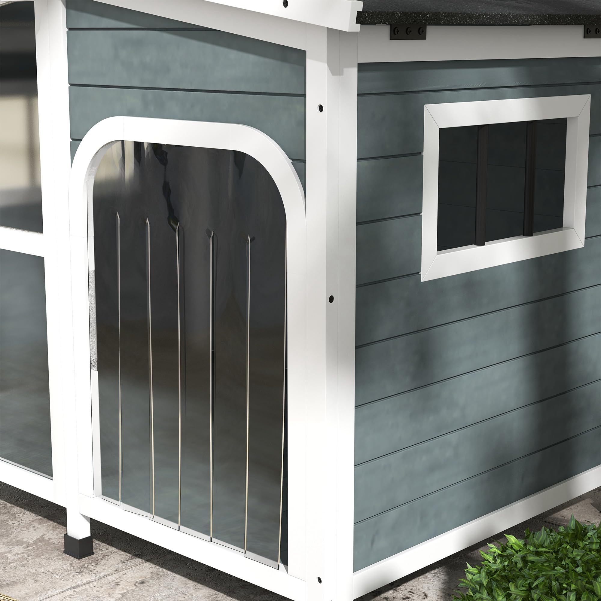 PawHut Außen-Holzhundehaus 101x66,5x70,5cm dunkelgrau | Hundehaus für mittelgroße Hunde bis 20 kg, Schutzdach, Fenster, öffenbares Dach