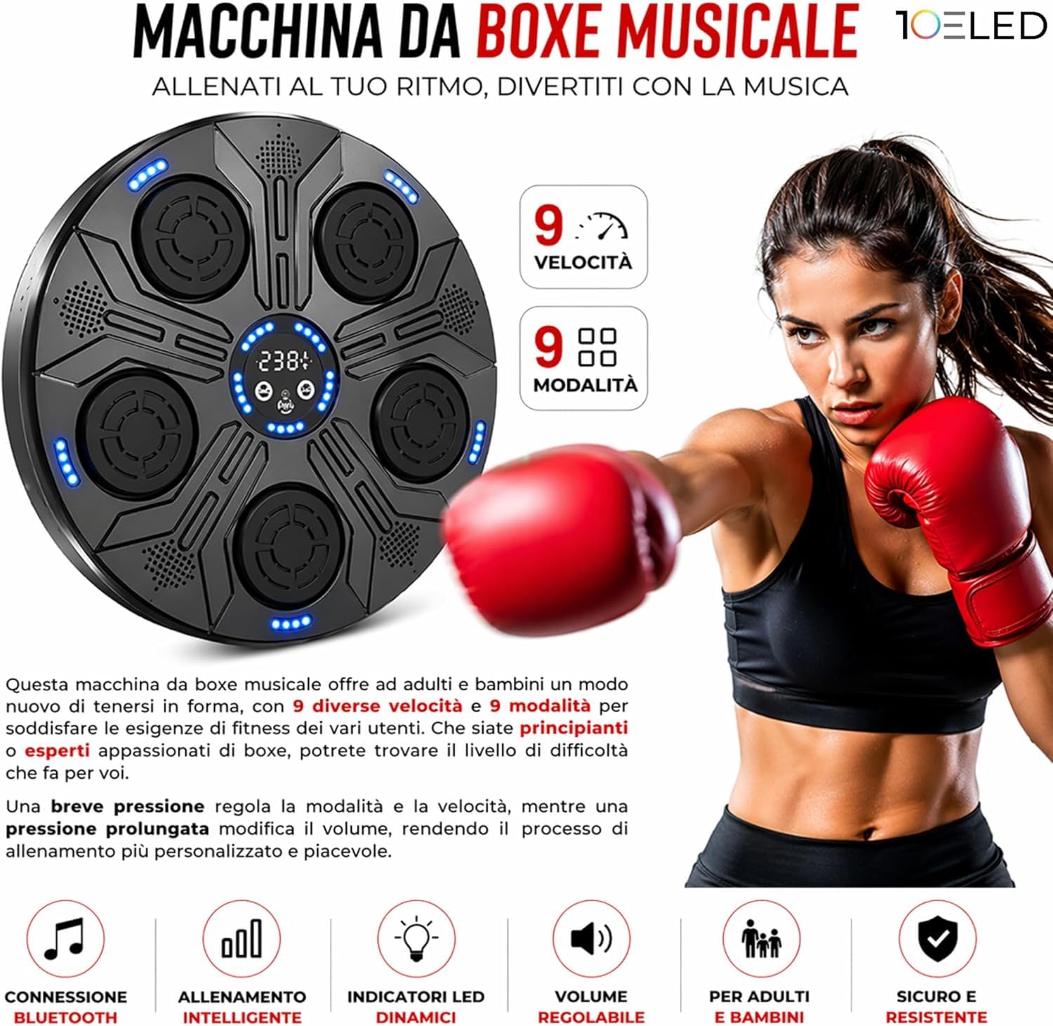 Music Boxing Machine Interattiva con LED a Parete e Bluetooth - 5 Pad Reattivi - Display Digitale - Guantoni INCLUSI - Beat Punch Allenamento Casa per Riflessi, Velocità e Coordinazione