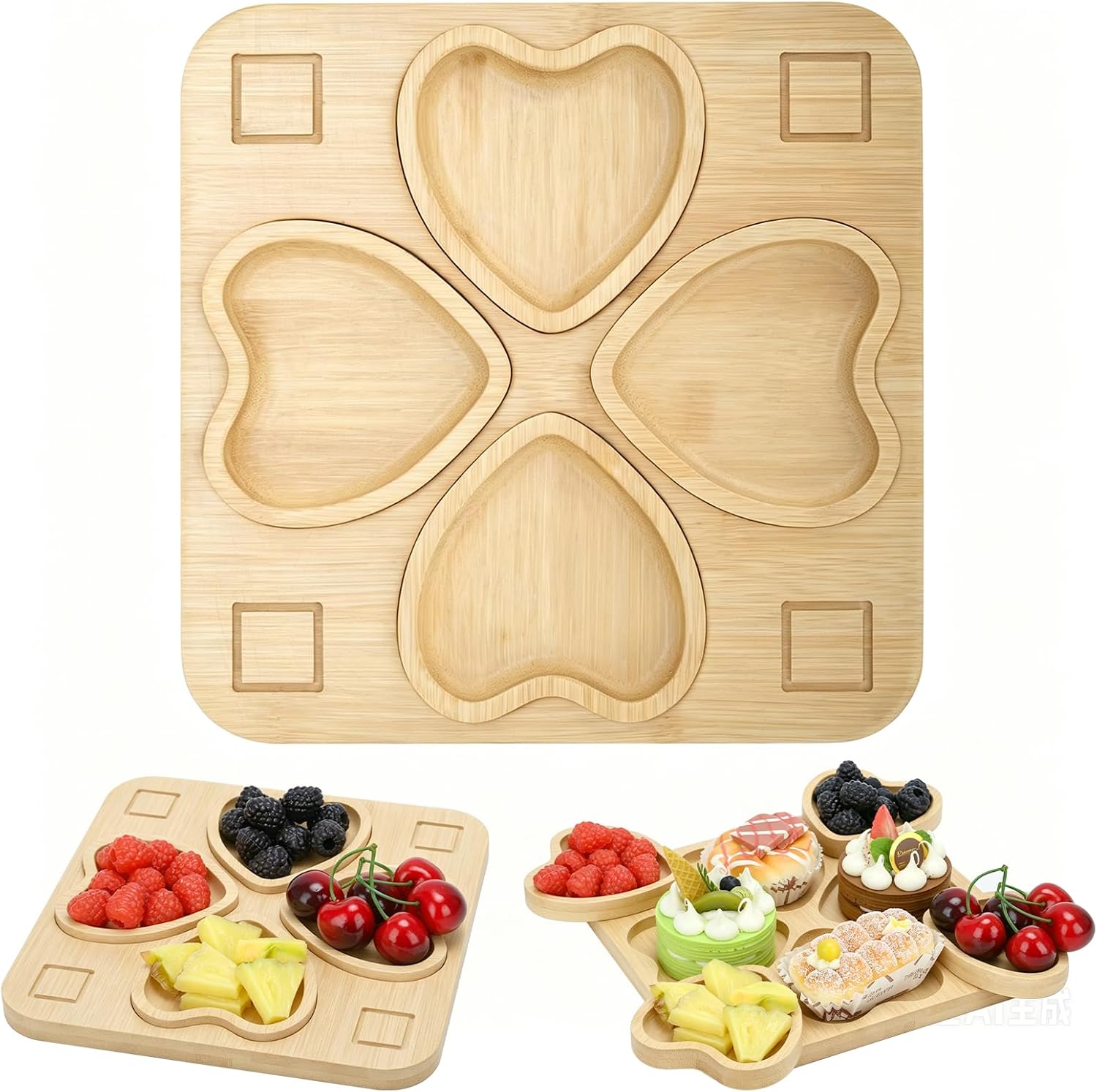 Bamboo Divided Serving Platter, Detachable Heart‑Shape Compartment Tray, 4‑Grid Decorative Wooden Snack Tray for Fruit Dessert Charcuterie, Valentine’s Day Party Table Decor