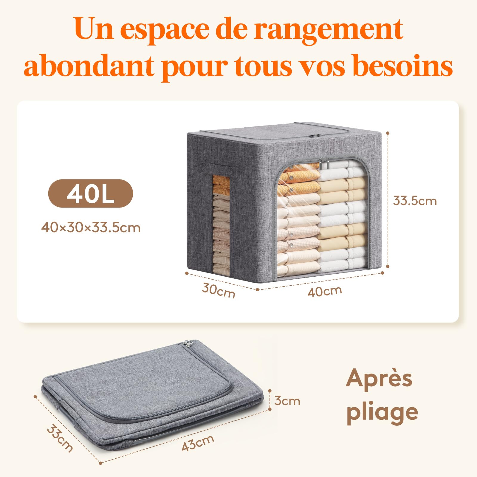 Lifewit Sac de Rangement Robuste avec Cadre en Métal, Boite Rangement Vetement Pliable, Organisateur Placard, Housse Rangement, Caisse avec Couvercle pour Couvertures, Gris Clair, 40 L, Lot de 3