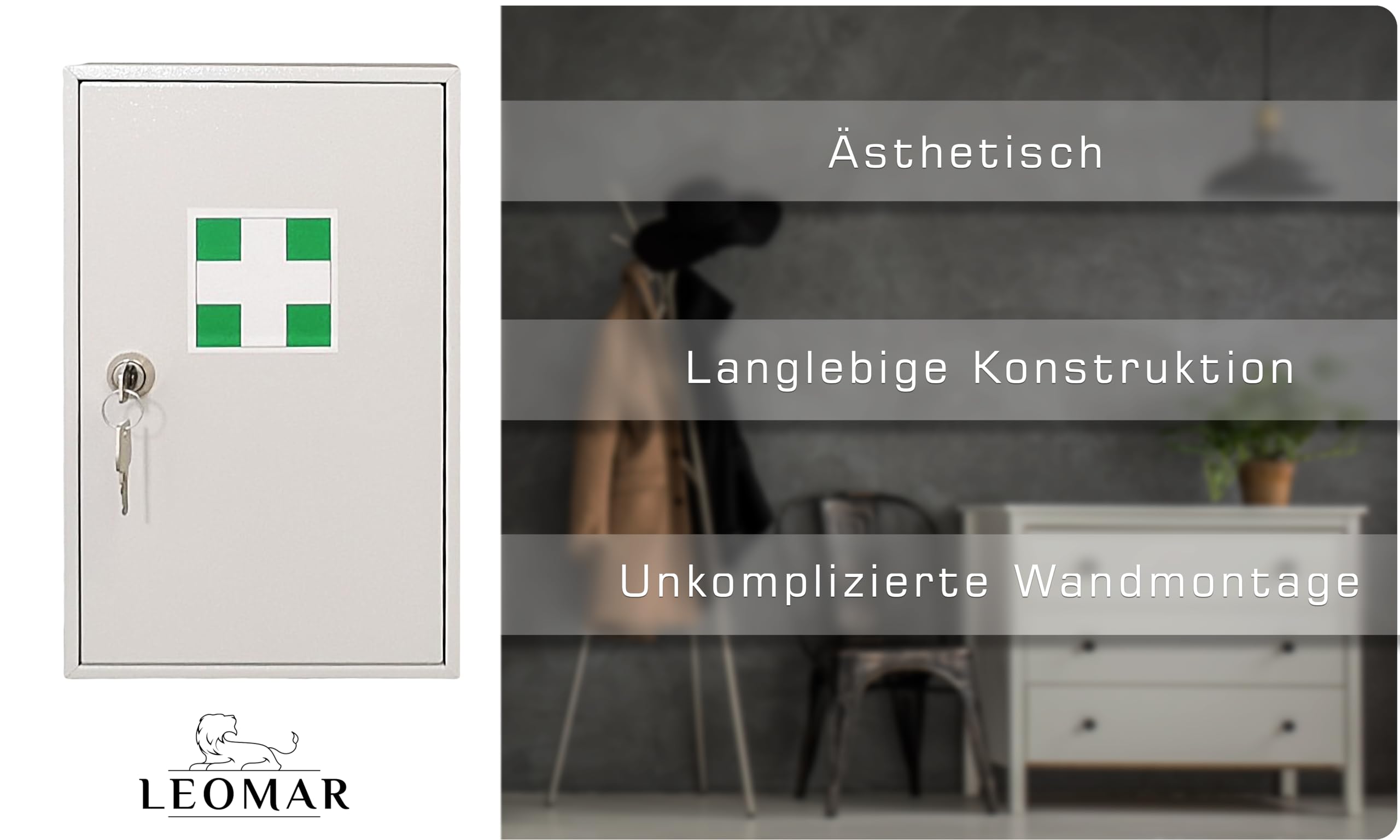 LEOMAR Medizinschrank, Apothekerschrank aus Stahlblech, mit 1 Ablage, Abschließbar, Hausapotheke inkl. 2 Schlüssel, Medikamentenschrank, Erste-Hilfe-Schrank mit Metalltüren, 12 x 20 x 32 cm