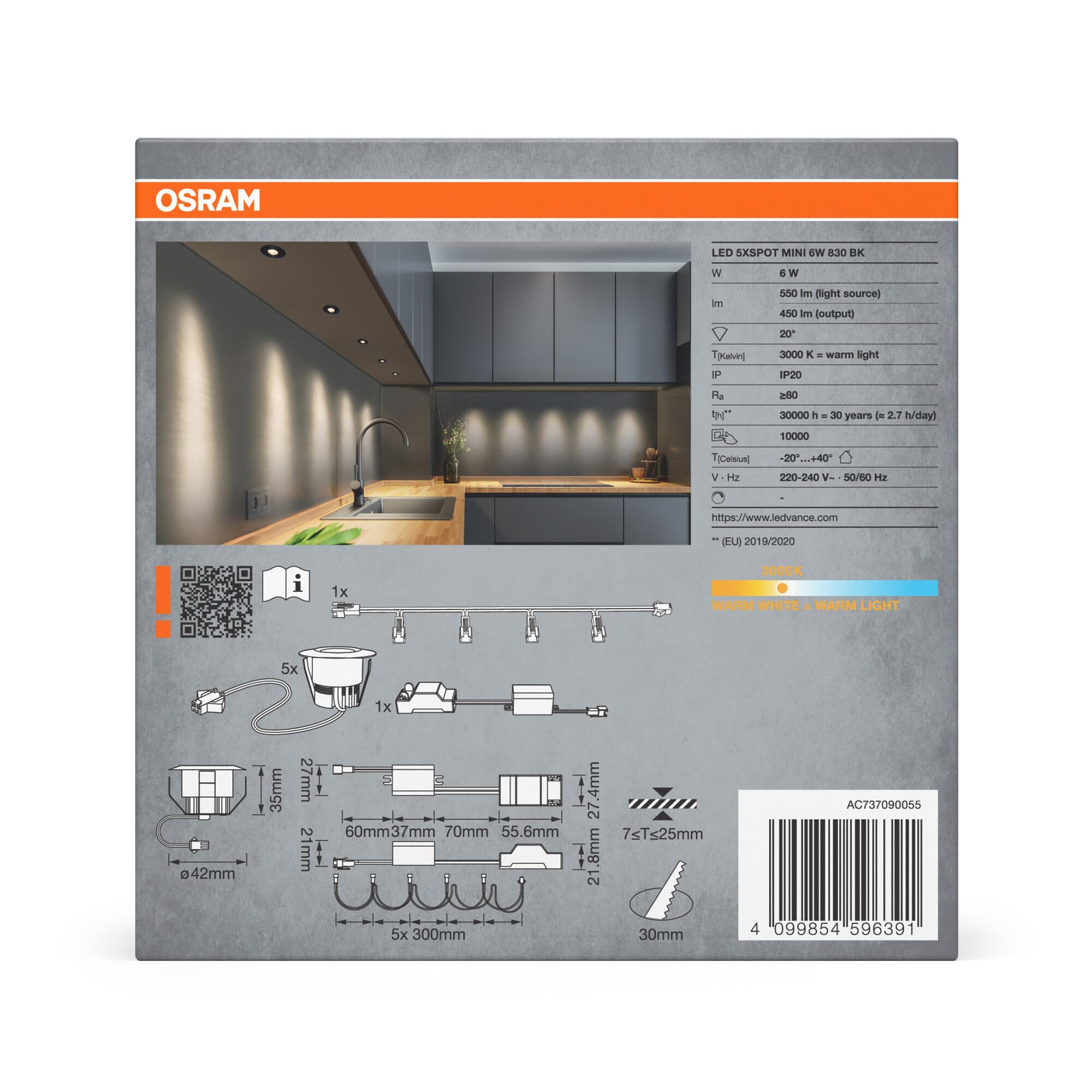 OSRAM Faretto da incasso LED Mini Spot 6W Nero IP44, set di 5 faretti da soffitto 42mm 450lm, bagno cucina bianco caldo 3000K