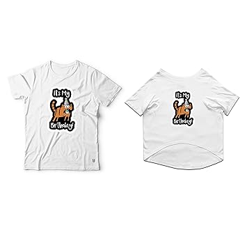 Ruse Twinning Basic Crew Neck It's My Birthday! Printed Half Sleeves Dog and Unisex Pet Parent Tees Set.Colour-White/X-Small (Parents)/Small (Dogs)