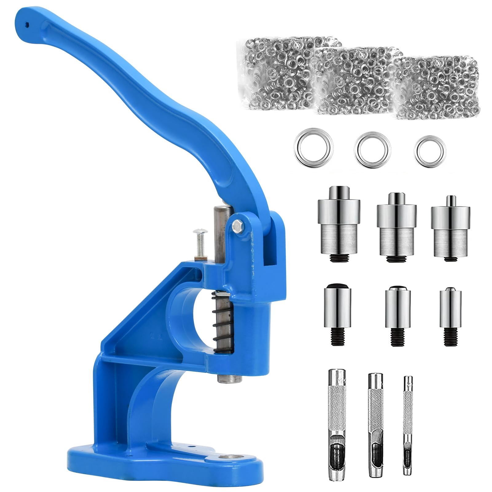 1500 Pressa per occhielli, Pinza per occhielli professionale, Pressa per bottoni automatici, Set di 3 matrici da 6/10/12 mm per occhielli, rivetti, tessuti, tende in pelle, blu