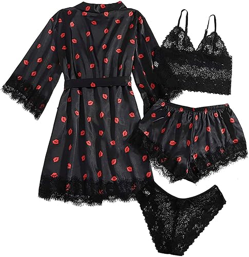 Miniatura 5 de Cbcbtwo Conjunto de pijama de seda para mujer, suave, 4 piezas, de satén, ropa de dormir, talla grande, casual, lindo conjunto de descanso sexy