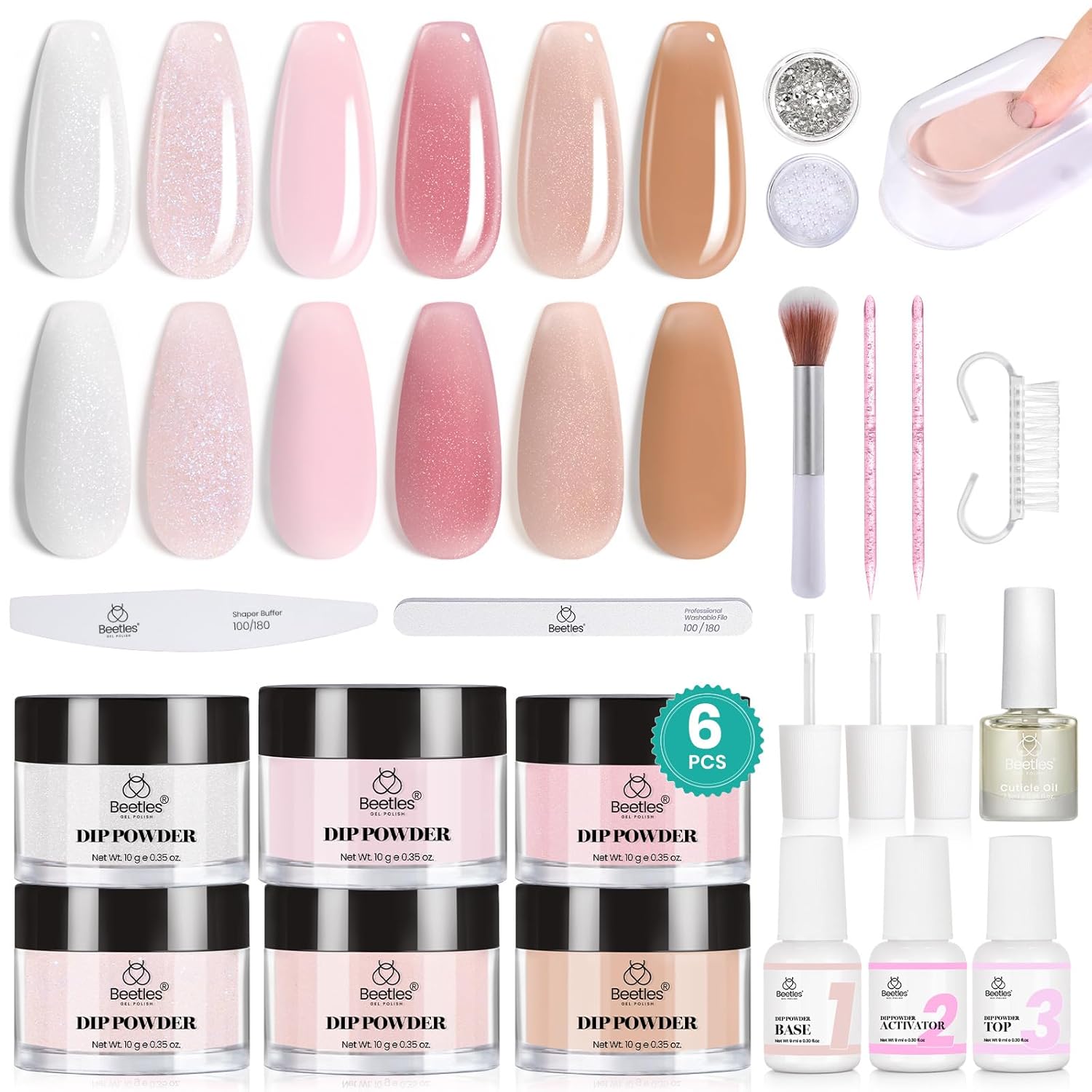 Beetles Dip Powder Nail Kit, 6 Colors Dipping Powder Nude White Pink Glitter with Base Top Coat Activator and Tools for French Nail Art, Easy DIY Home Manicure Salon Summer Gift for Women