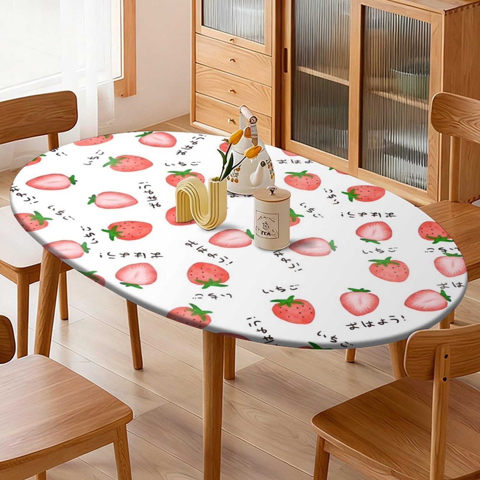 Highdi Waterproof Oval Tablecloth Cover - Oxford Cloth - Elastic Fitted for Kitchen/Garden Oval Tables, Stain-Resistant Wipe-Clean 3D Strawberry Table Cover (pattern 7,132x182cm)