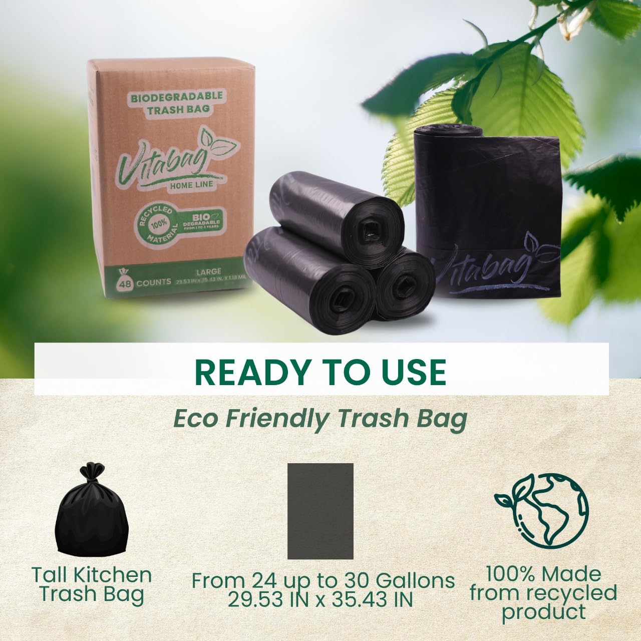 Vitabag Biologisch abbaubarer Home Line Müllbeutel, Doseneinlage, 100 l hoch, umweltfreundlich, 100 % aus recyceltem Produkt, super stark, kein Verschütten, 72 Stück