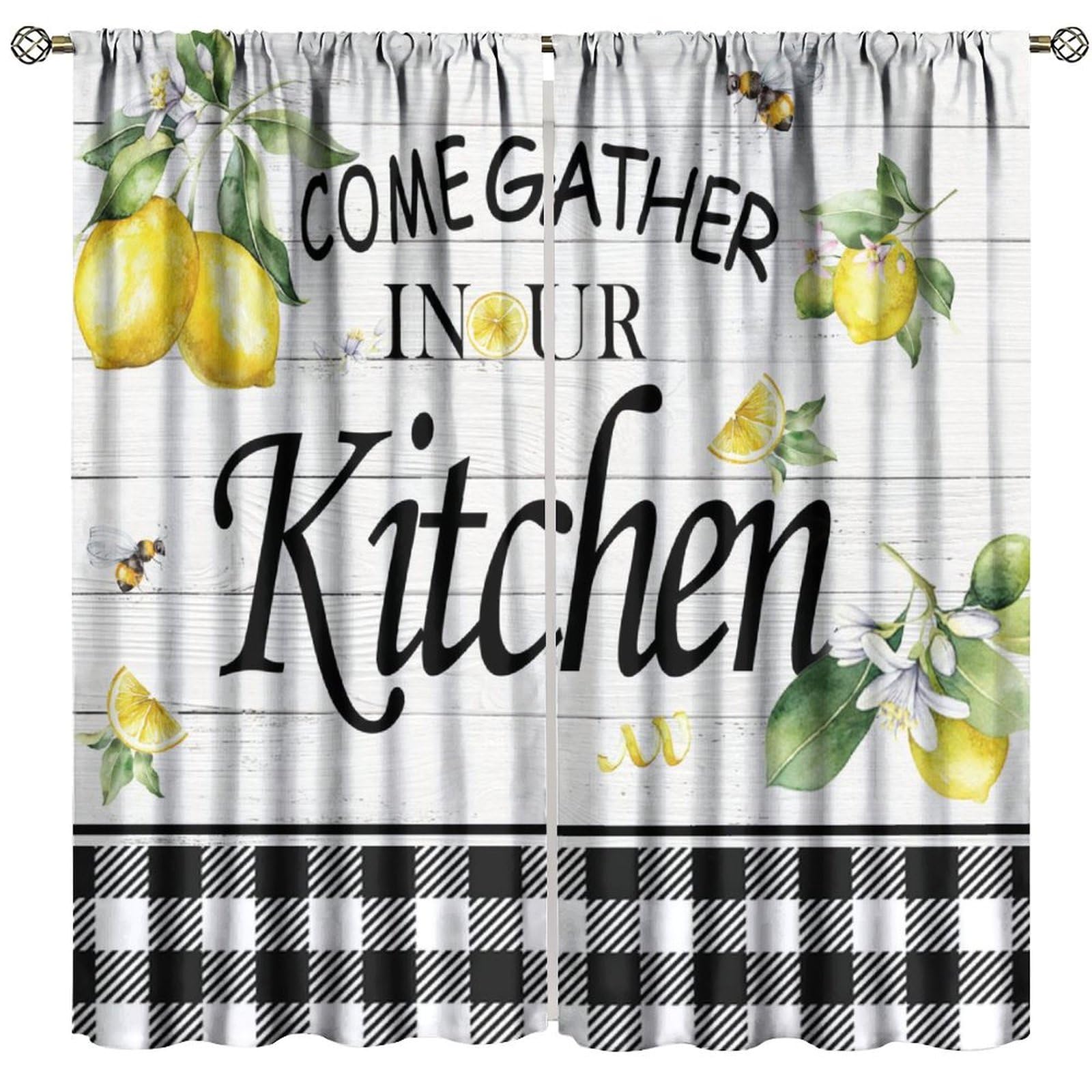 Farmhouse Lemon Kitchen Curtains Rustic Wood Plank Plaid Country Yellow Fruit Art Printed Rod Pocket Blackout Window Drapes Fabric 2 Panel W21xL63in
