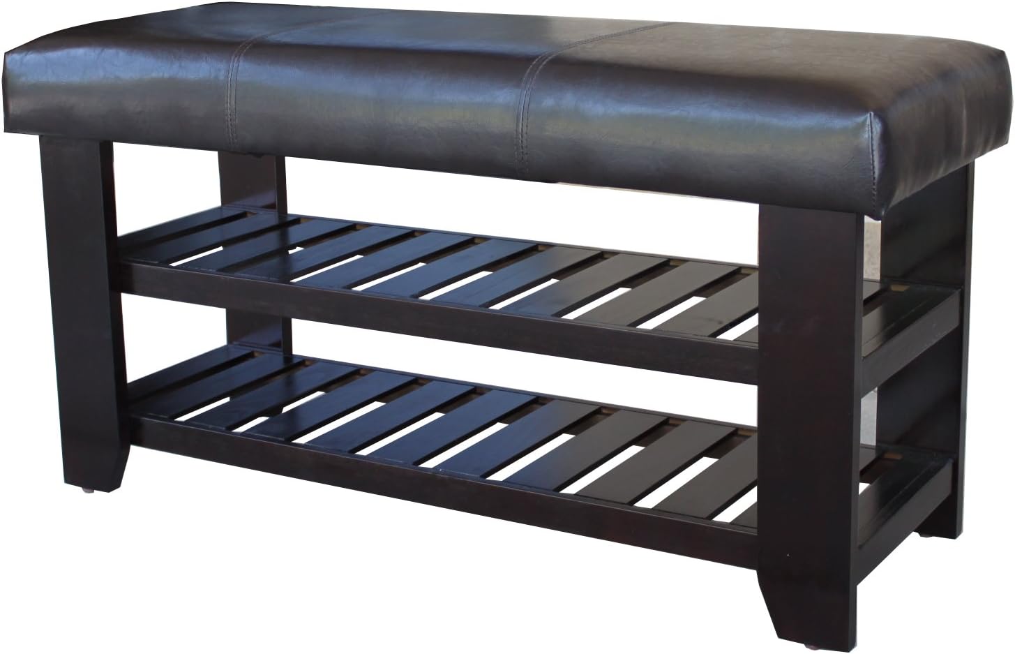 Wooden Shoe Bench with Dark Brown Faux Leather Seat