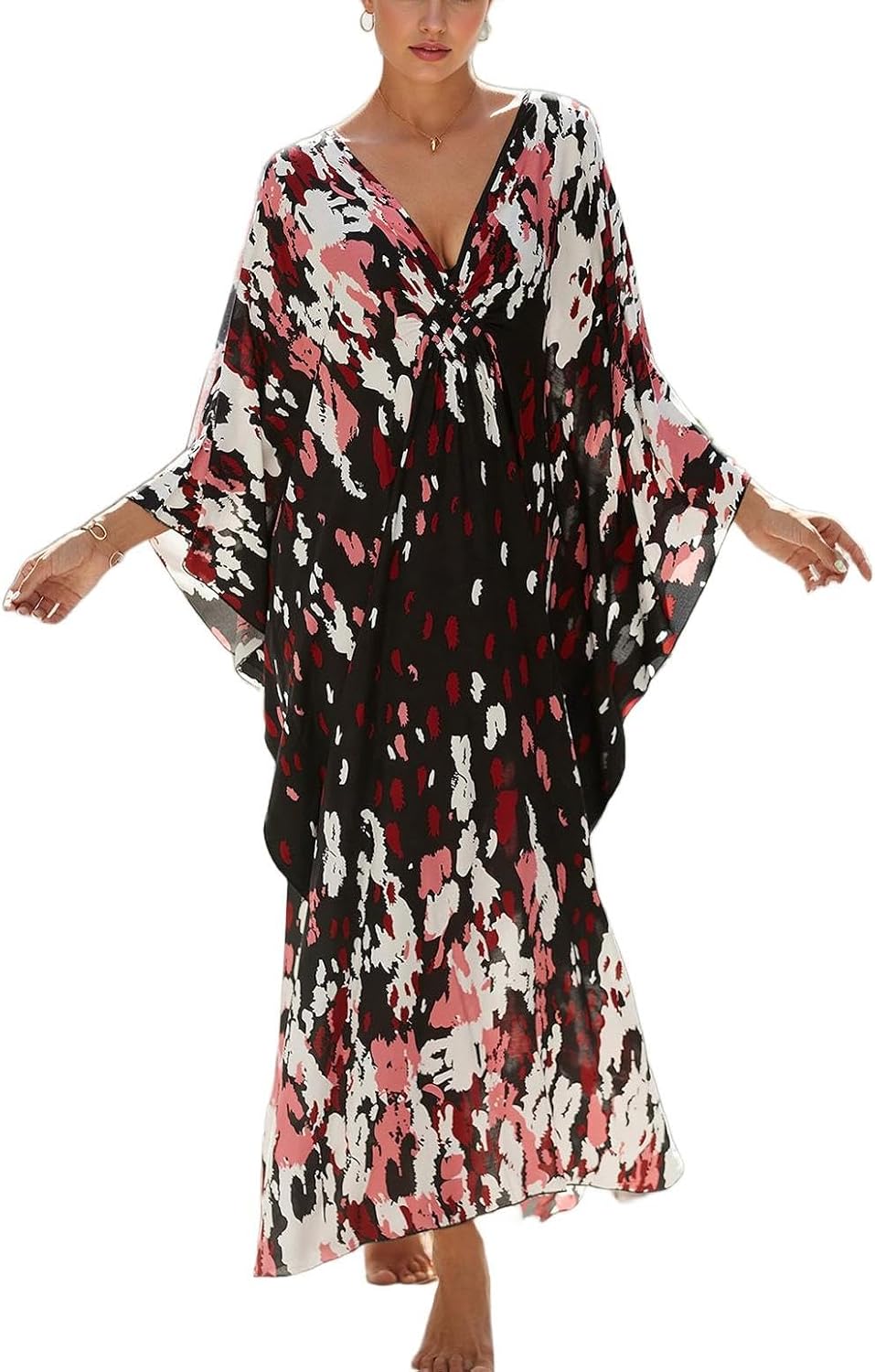 Plus Size Women's Kaftan V-Neck Summer Maxi Swimsuit Coverup Moo Moos Beach Dress