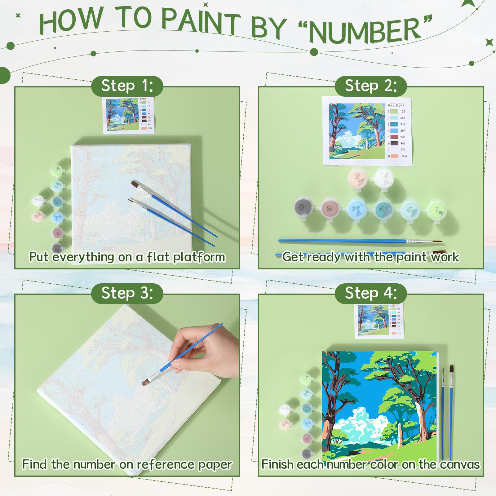 Nezyo 12 set di pittura con numeri, kit con cornice, per adulti principianti, pittura acrilica fai da te con numeri, tela per pittura, feste, attività in classe, regalo di compleanno, 20 x 20 cm