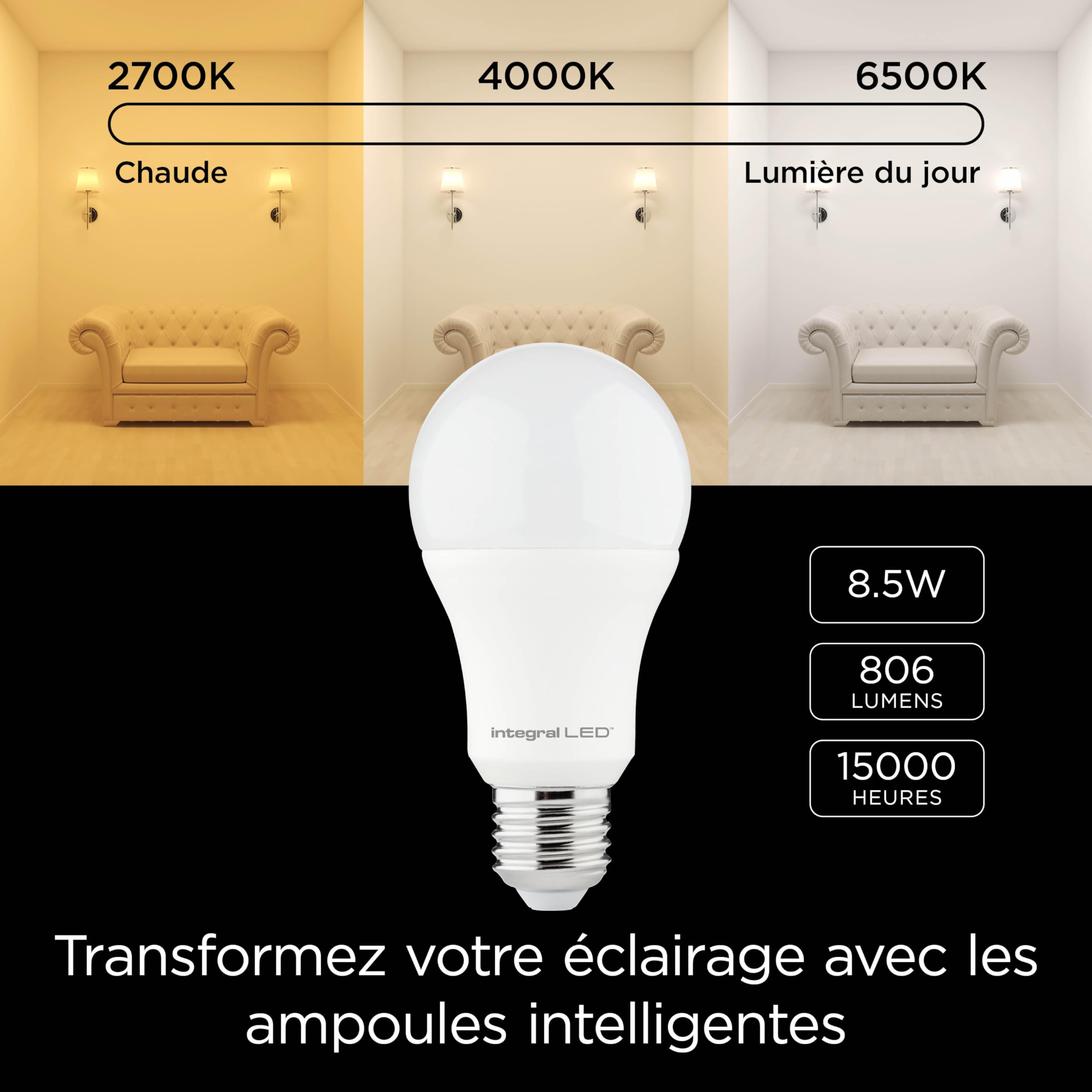 Integral LED Bombilla Inteligente GLS E27 WiFi 2,4 GHz, 8,5W, 4 Unidades