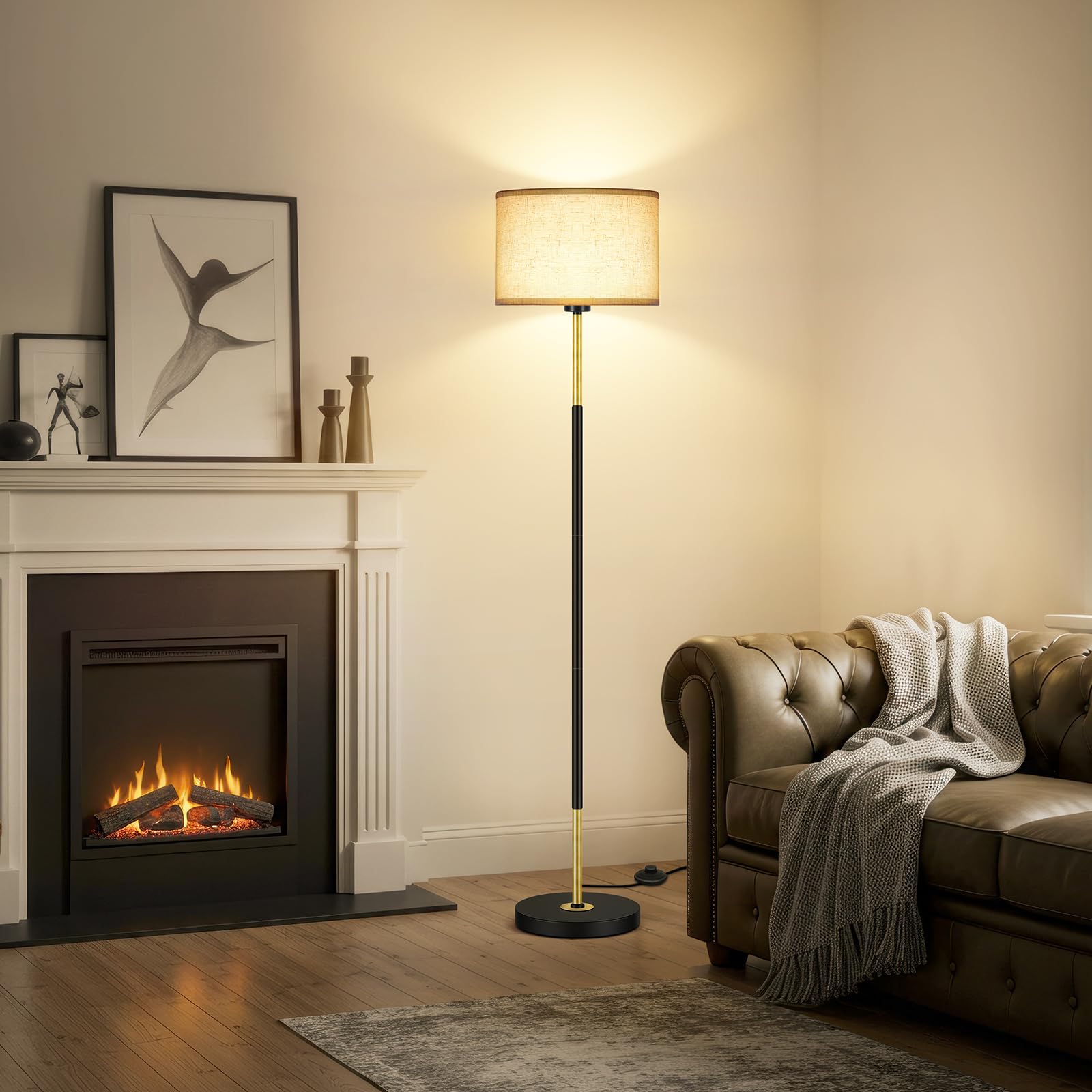 OUTON Lampa Podłogowa do Salonu 3 Temperatury Barwowe, Lampa Stojąca LED z Żarówką E27 i Przełącznikiem Nożnym, Nowoczesny Design Lampa do Czytania z Lnianym Abażurem do Sypialni, Biura(Czarno-Złota)