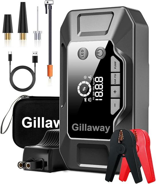 Gillaway Q11 4000A Jump Starter, Portable Car Jump Starter with Air Compressor, 150PSI Car Battery Jump Starter (9.0 Gas/8.0L Diesel), 12V Jump Box Car Battery Jumper Starter with Large LCD Display
